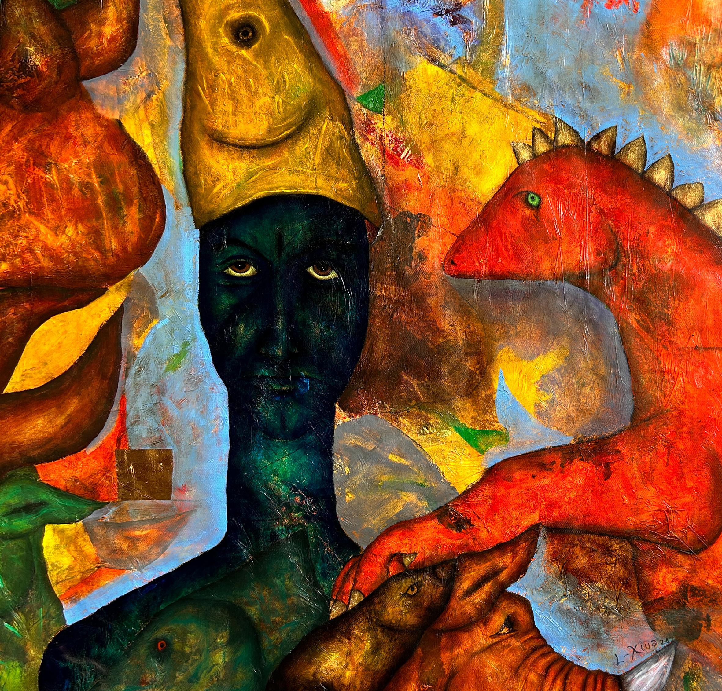 Oil on canvas with gold leaf, in shades of yellow, blue, and red. This large-format, horizontal painting features rich textures and is created with professional-quality colors through successive layers of oil and transparencies. It combines