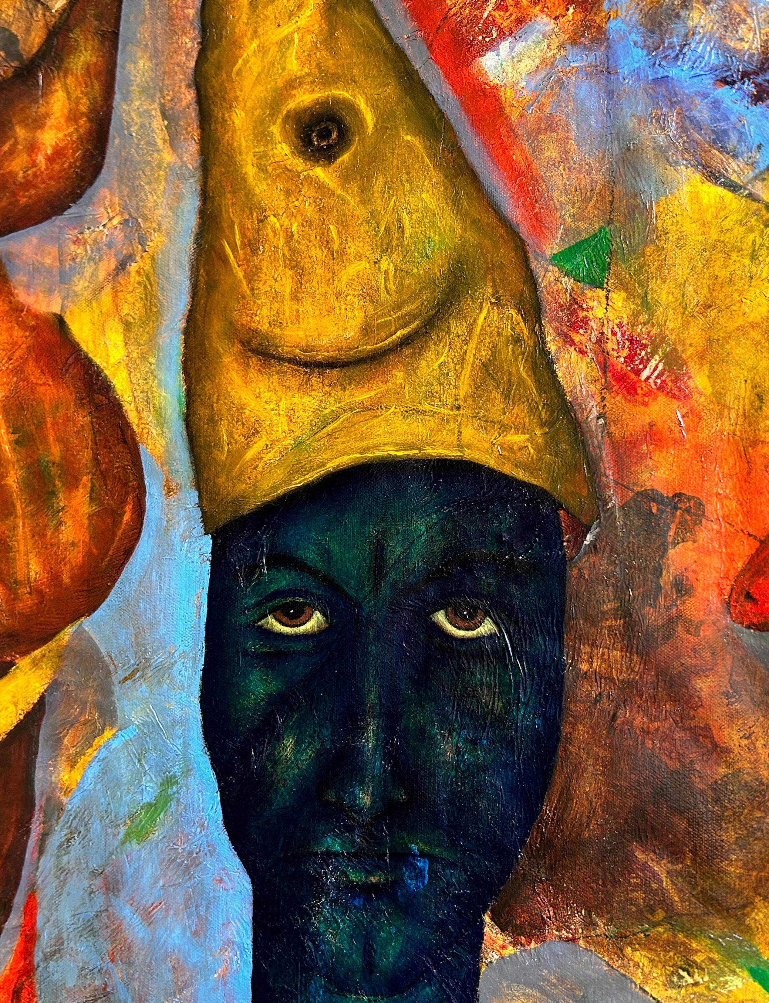 Oil On Canvas With Gold, Yellow, Blue And Red Tones 