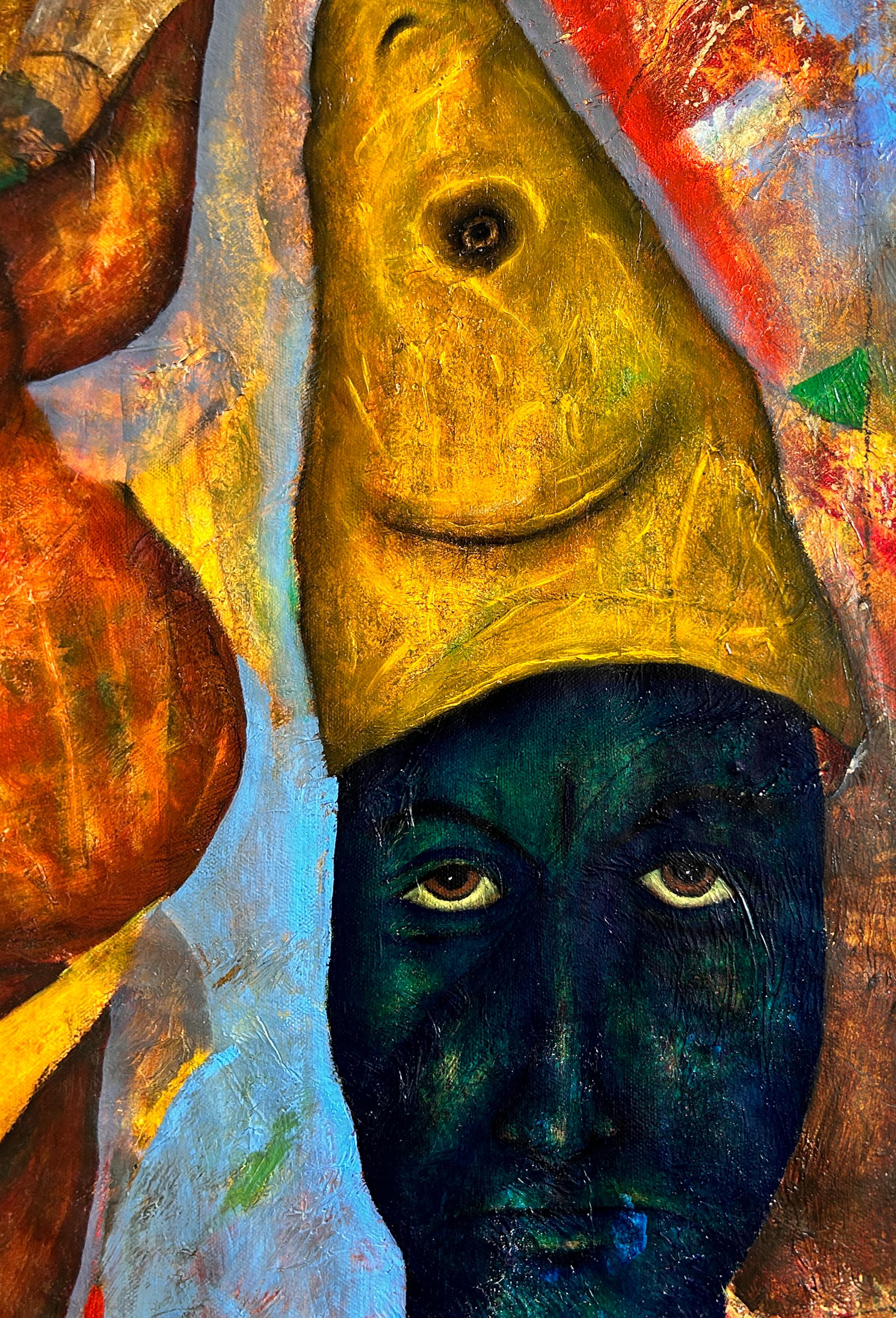 Oil On Canvas With Gold, Yellow, Blue And Red Tones 