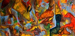 Óleo Sobre Lienzo Con Tonos Dorados, Amarillos, Azules Y Rojos "Los Misterios De La Noche"