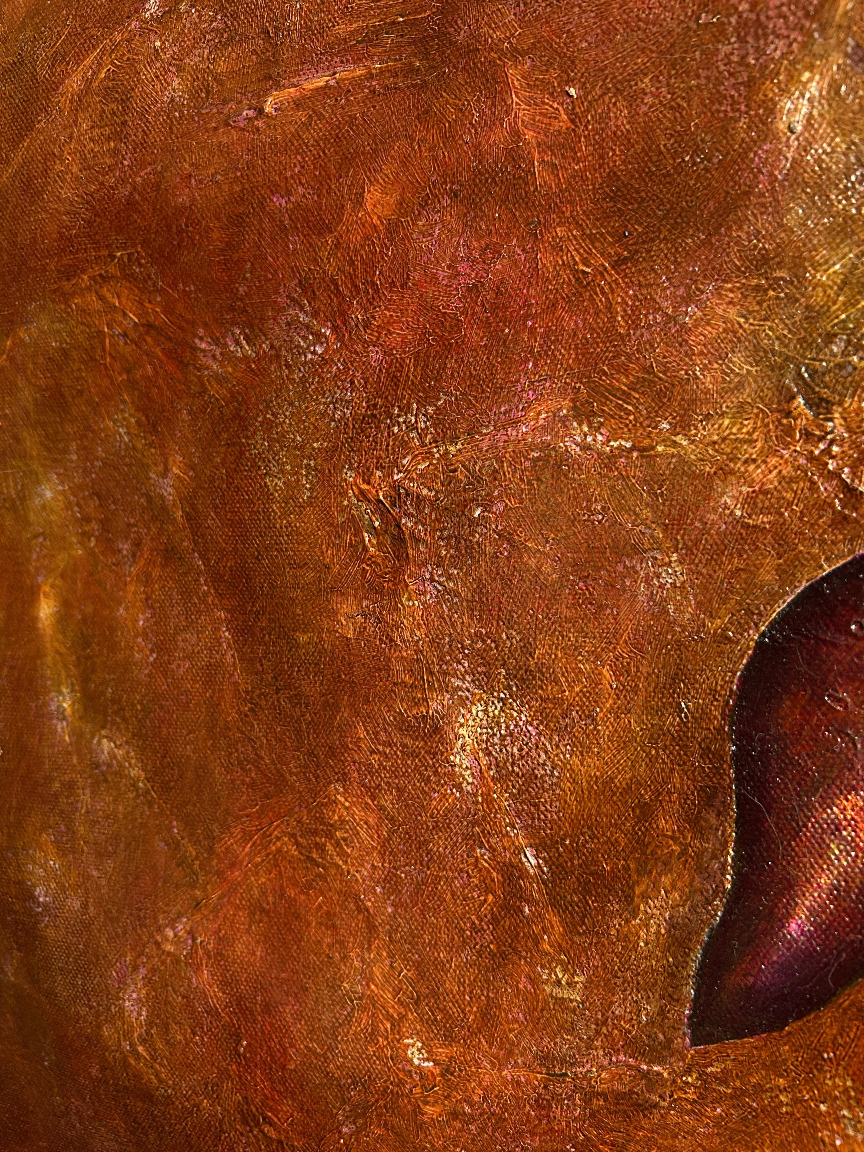 Pintura figurativa al óleo sobre lienzo cuadrado. Un ser místico, un duendecillo de otra dimensión, conecta con un mundo invisible donde la paz existe sin pensamiento. Creado con colores profesionales Rembrandt y Winsor & Newton, el cuadro se