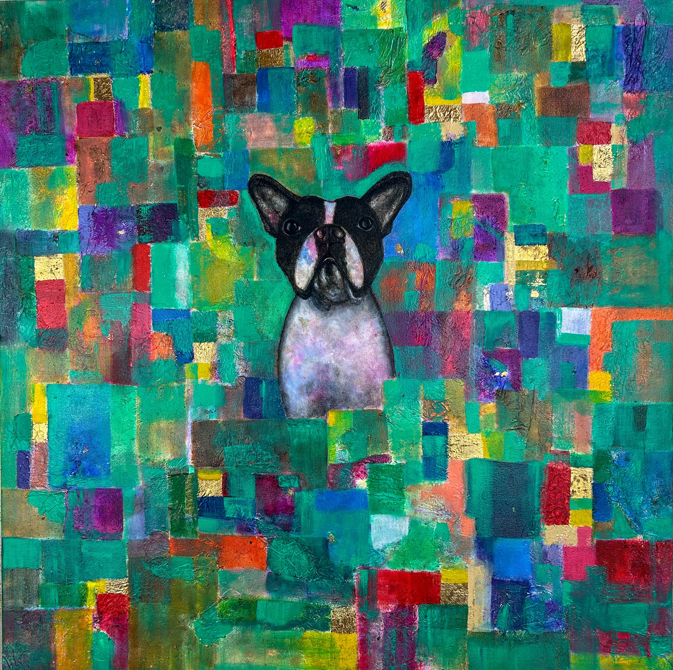 Interior Painting Luis Alexander Rodríguez (Ie-Xiua) - Oil Painting of French Bulldog on Abstract Green Background, New