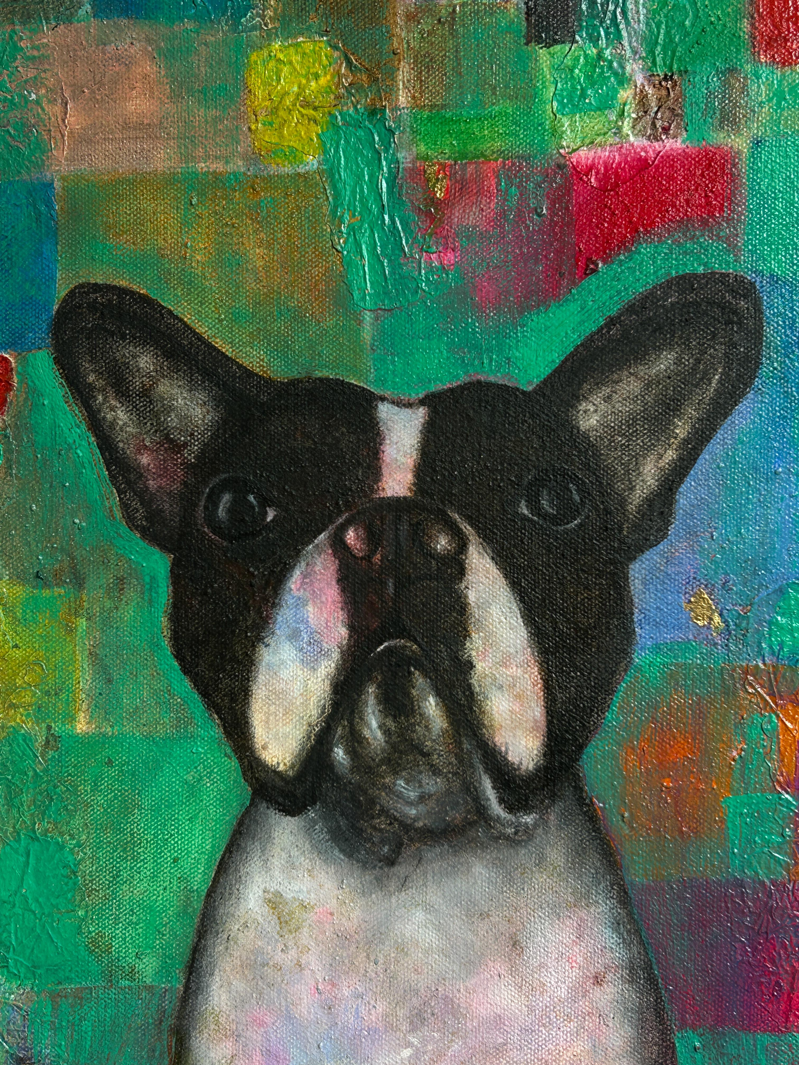 Pittura a olio su tela. Un cane dimenticato su Greene & Greene. - Abstract Painting Oro di Luis Alexander Rodríguez (Ie-Xiua)