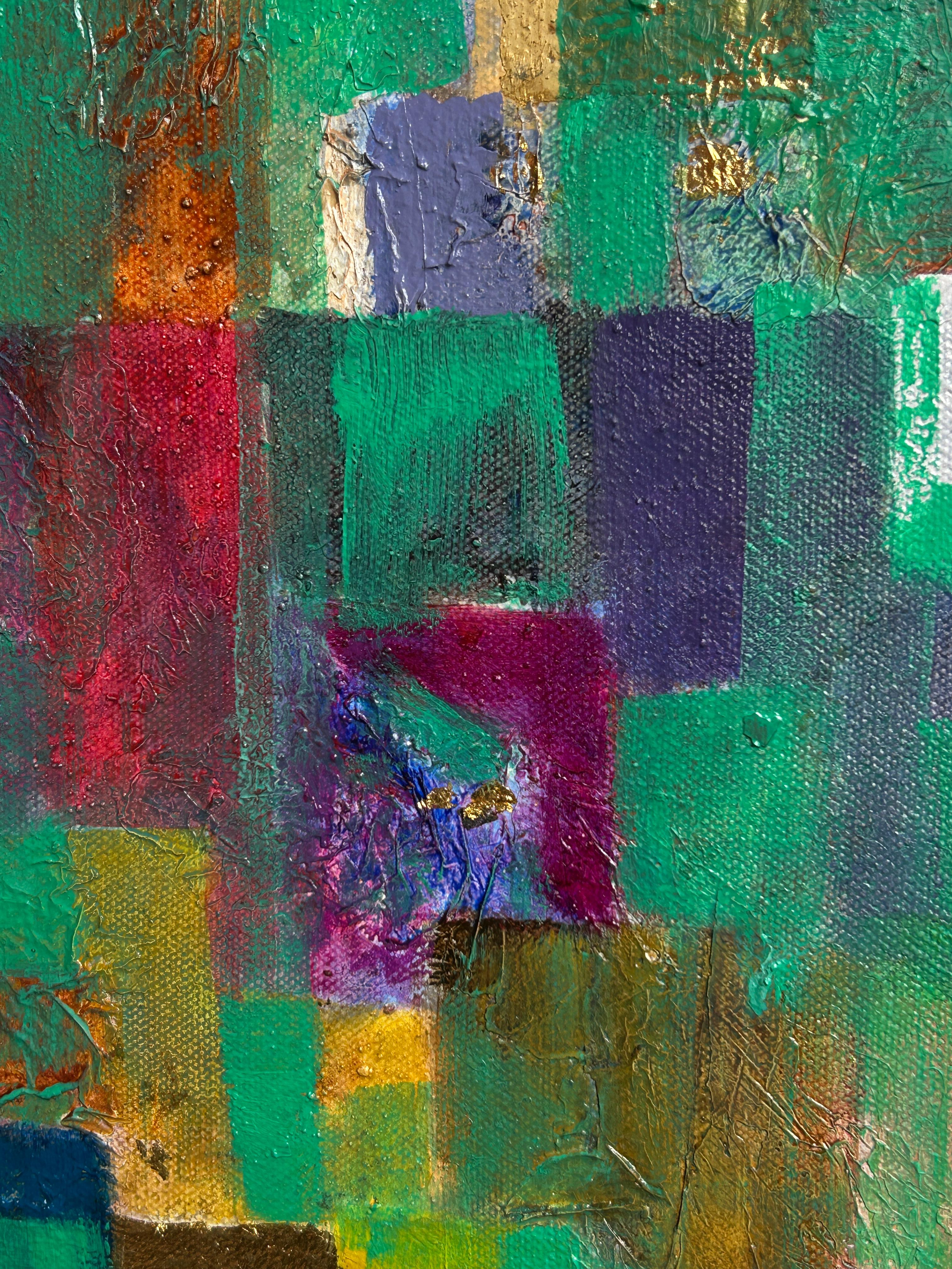 Dipinto a olio di un bulldog francese dimenticato, su uno sfondo astratto dominato dal verde veronese con tocchi di foglia d'oro. Realizzato con colori professionali REMBRANDT. Per garantire la durata e la conservazione, questo pezzo è protetto da