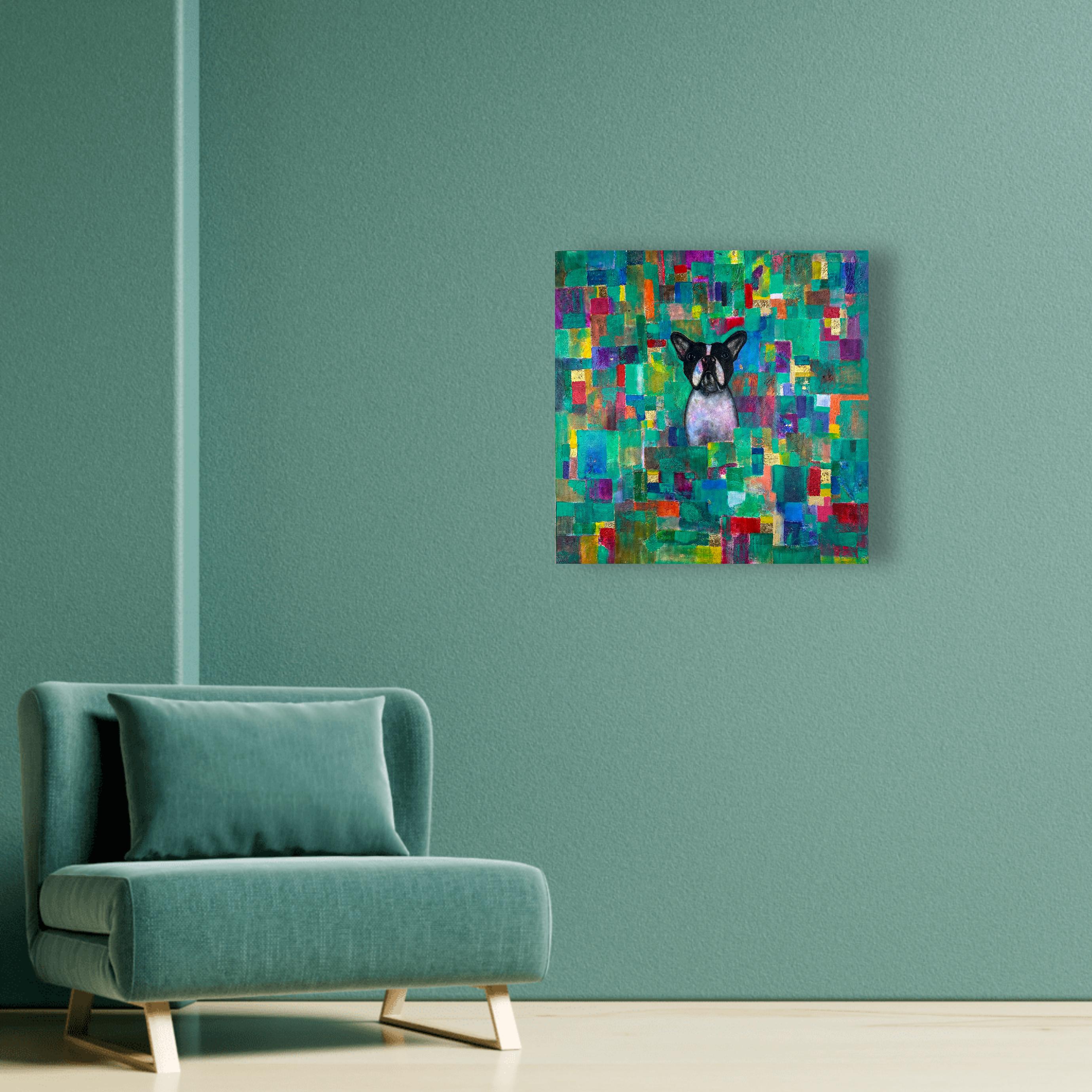 Pittura a olio su tela. Un bulldog francese su uno sfondo verde astratto. - Painting di Luis Alexander Rodríguez (Ie-Xiua)