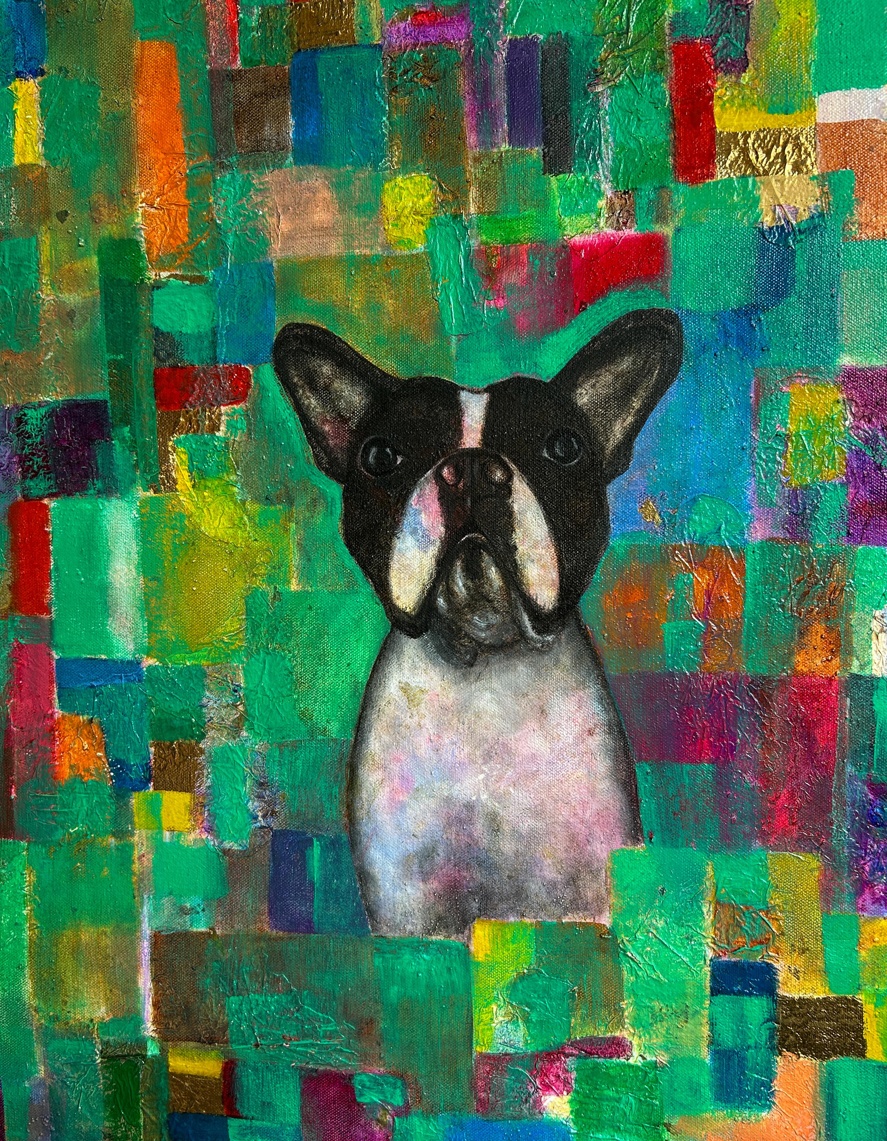 Pittura a olio su tela. Un bulldog francese su uno sfondo verde astratto. - Painting Contemporaneo di Luis Alexander Rodríguez (Ie-Xiua)