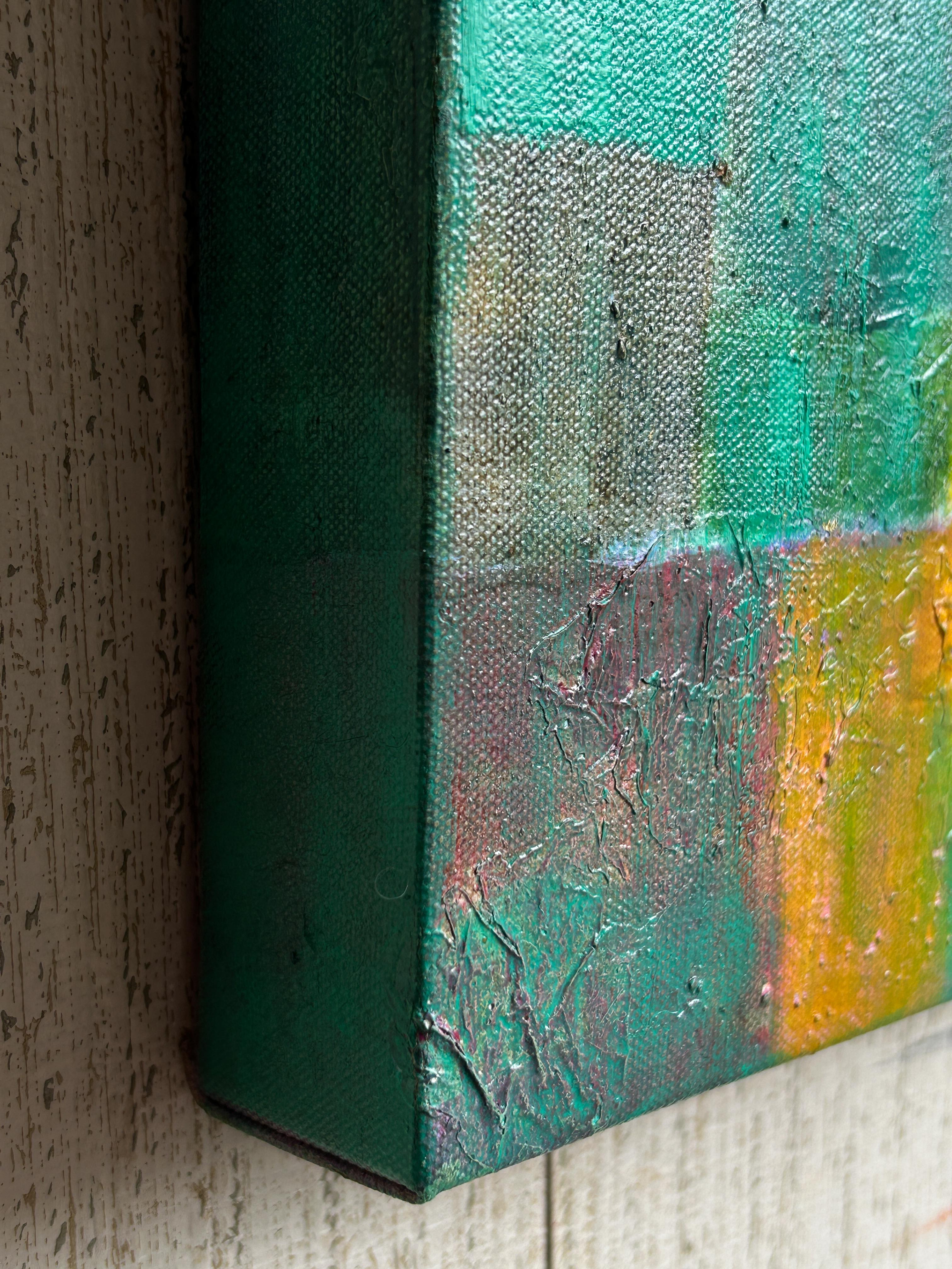 Pittura a olio su tela. Un bulldog francese su uno sfondo verde astratto. in vendita 3