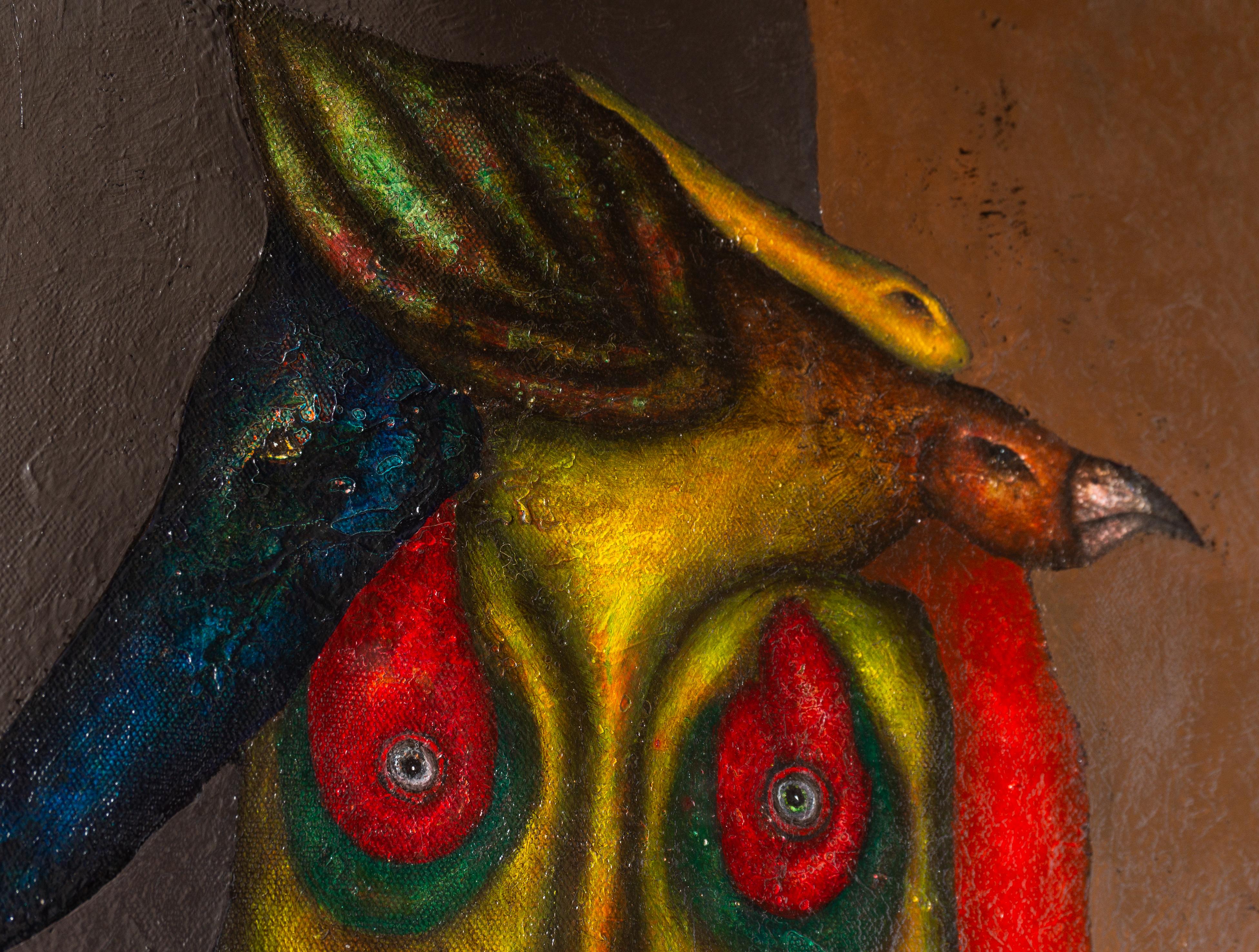 Peinture à l'huile sur toile et textures représentant des animaux et des personnages fantastiques. 