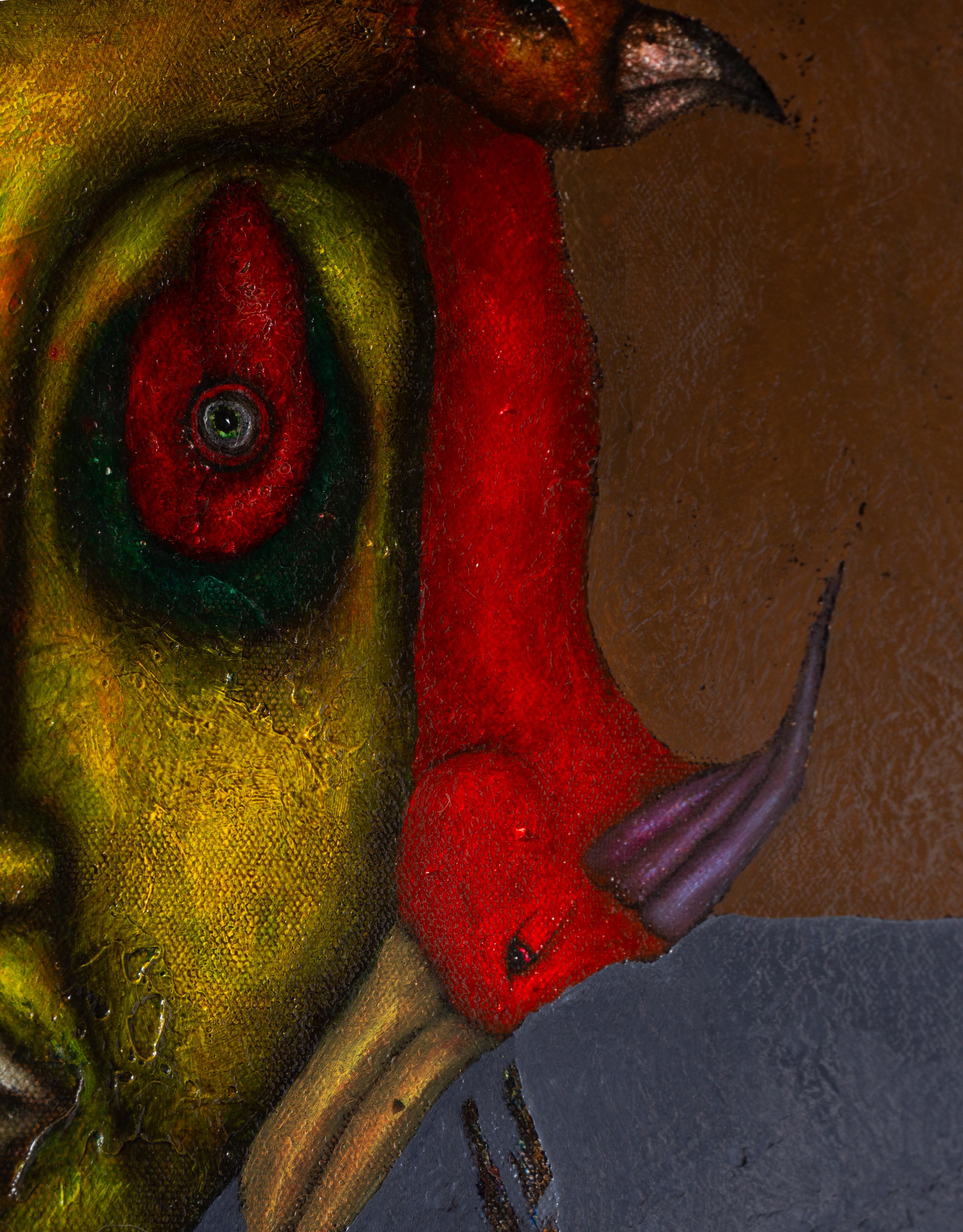 Peinture à l'huile sur toile et textures représentant des animaux et des personnages fantastiques. 