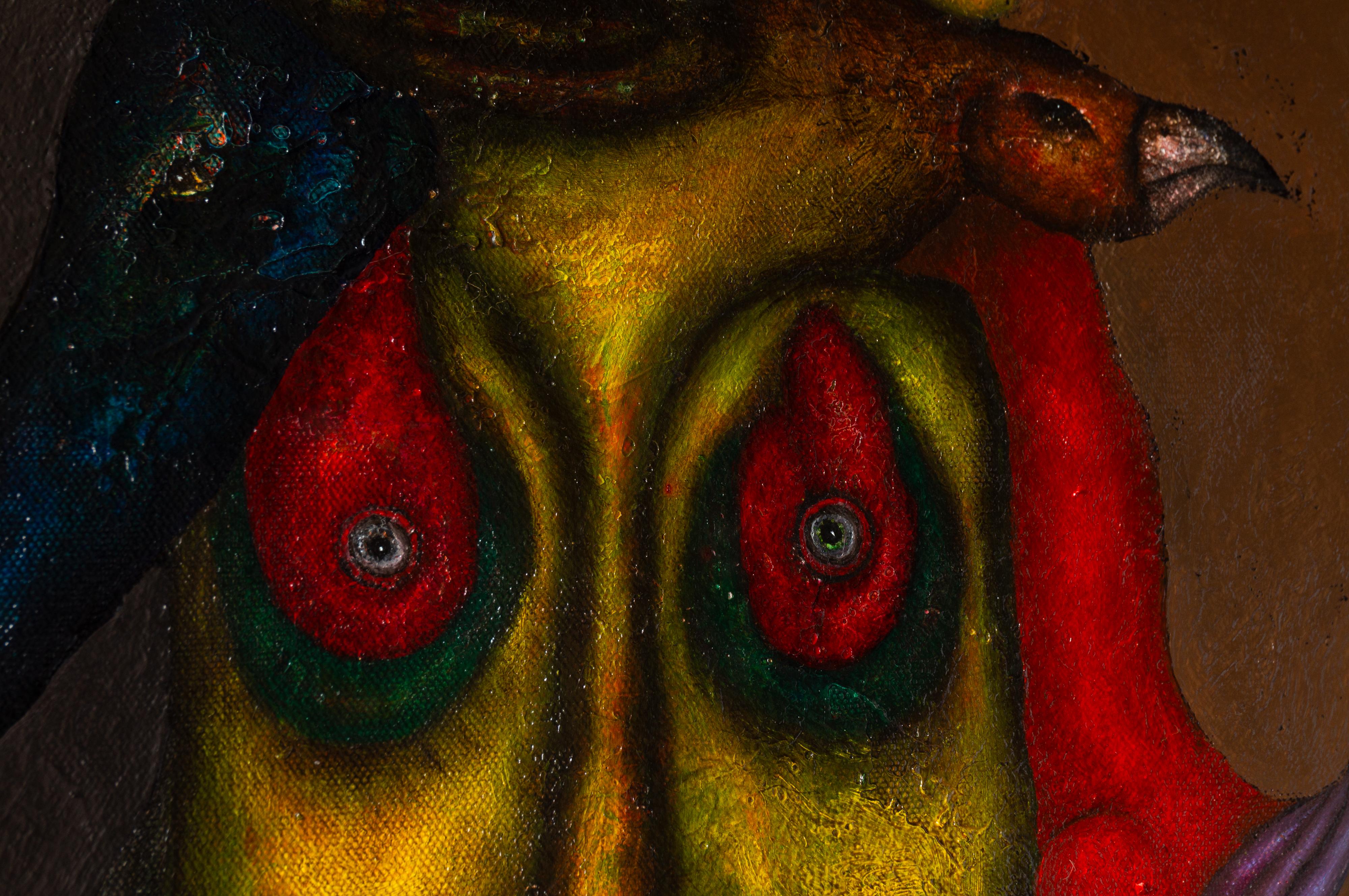 Peinture à l'huile sur toile et textures représentant des animaux et des personnages fantastiques. 