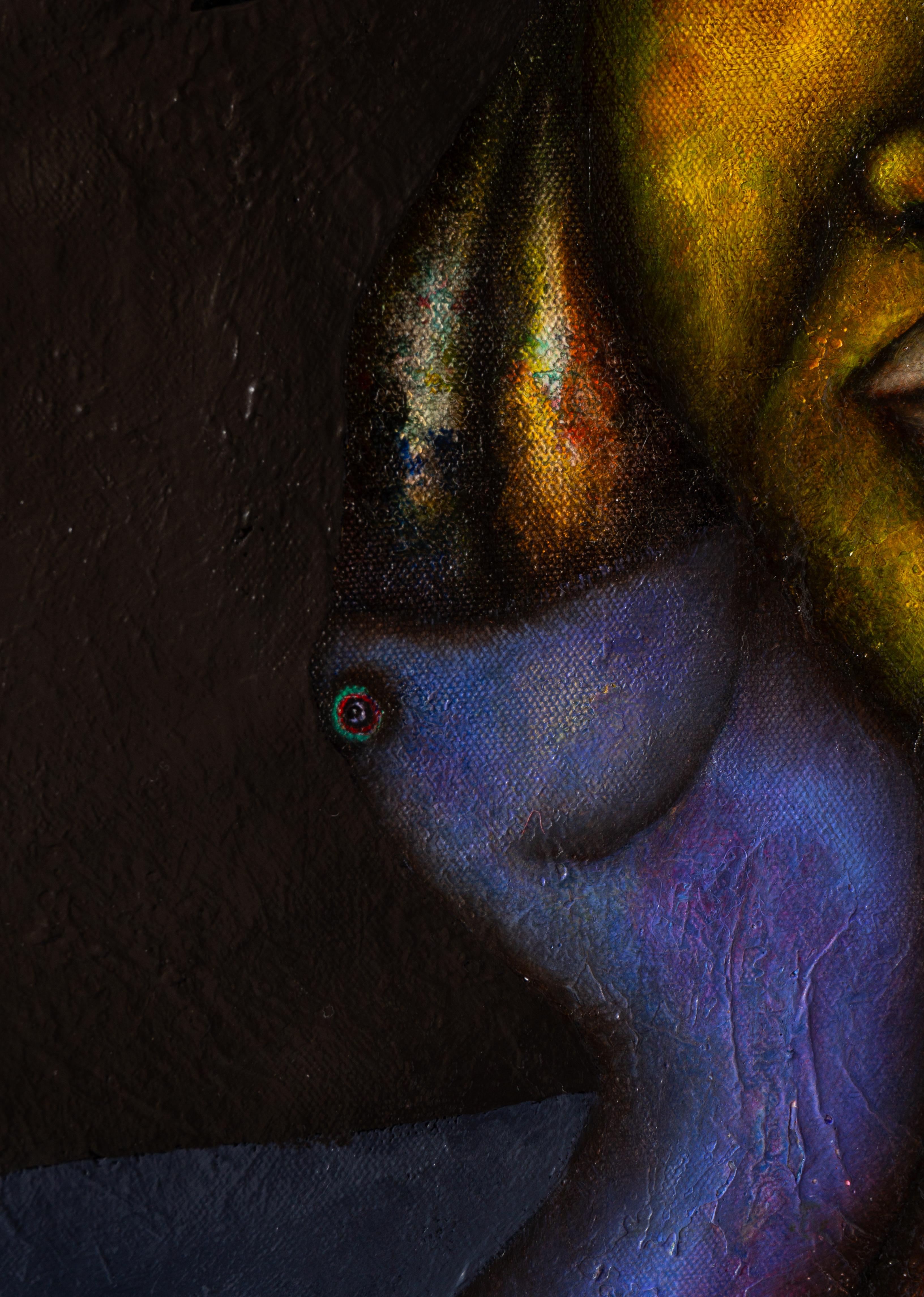 Peinture à l'huile sur toile et textures représentant des animaux et des personnages fantastiques. 