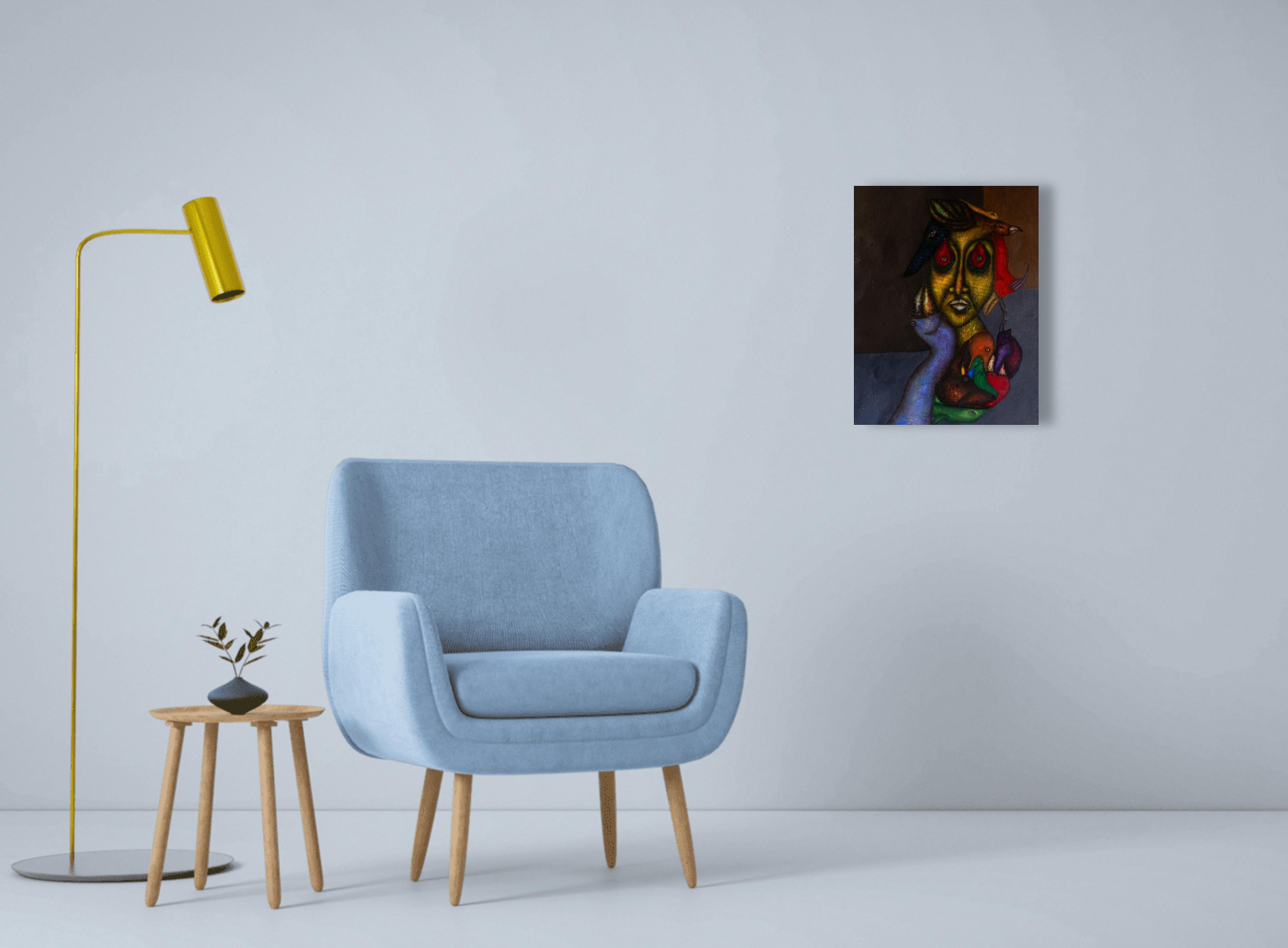 Peinture à l'huile sur toile et textures représentant des animaux et des personnages fantastiques. 