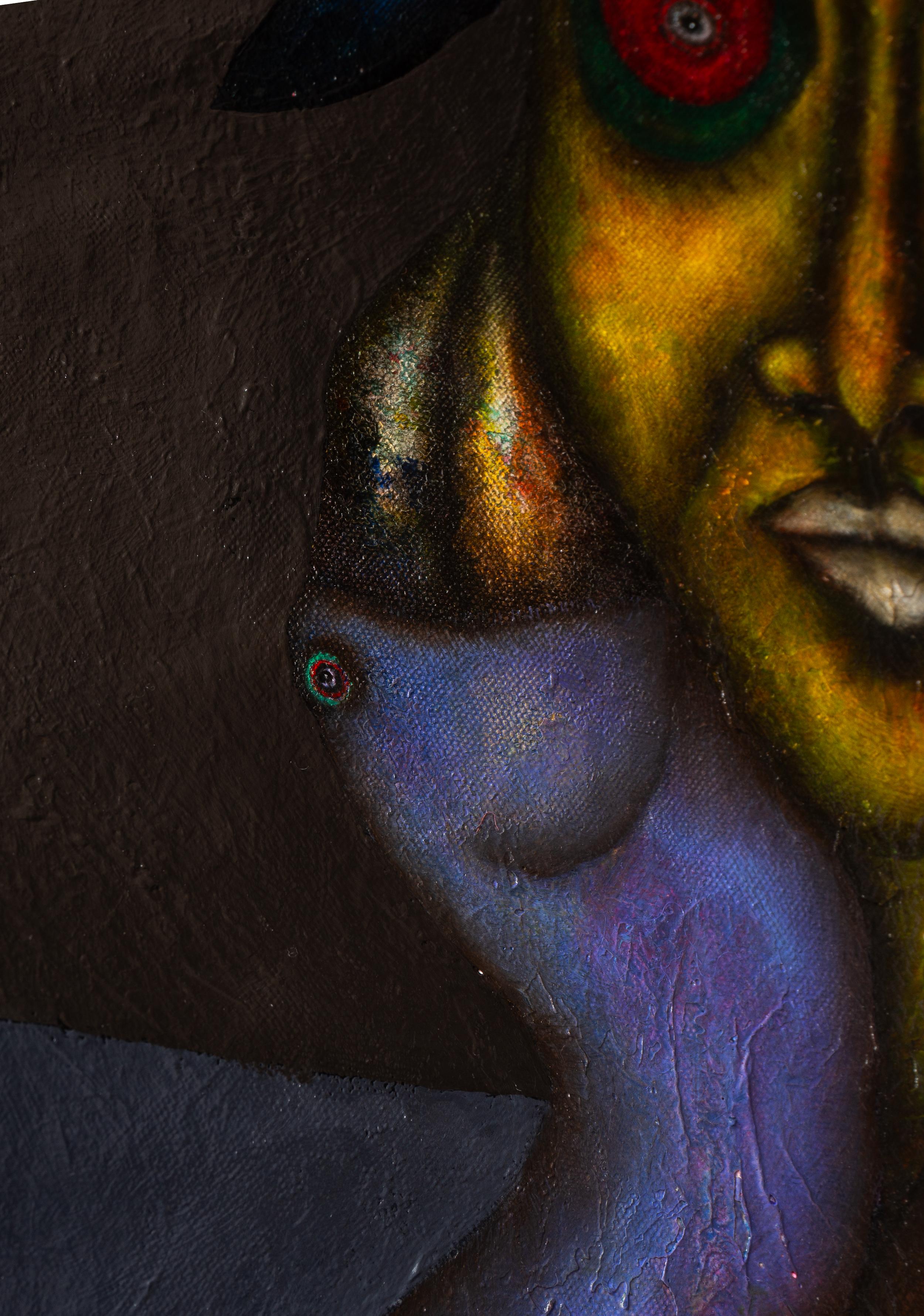 Peinture à l'huile sur toile et textures représentant des animaux et des personnages fantastiques. 