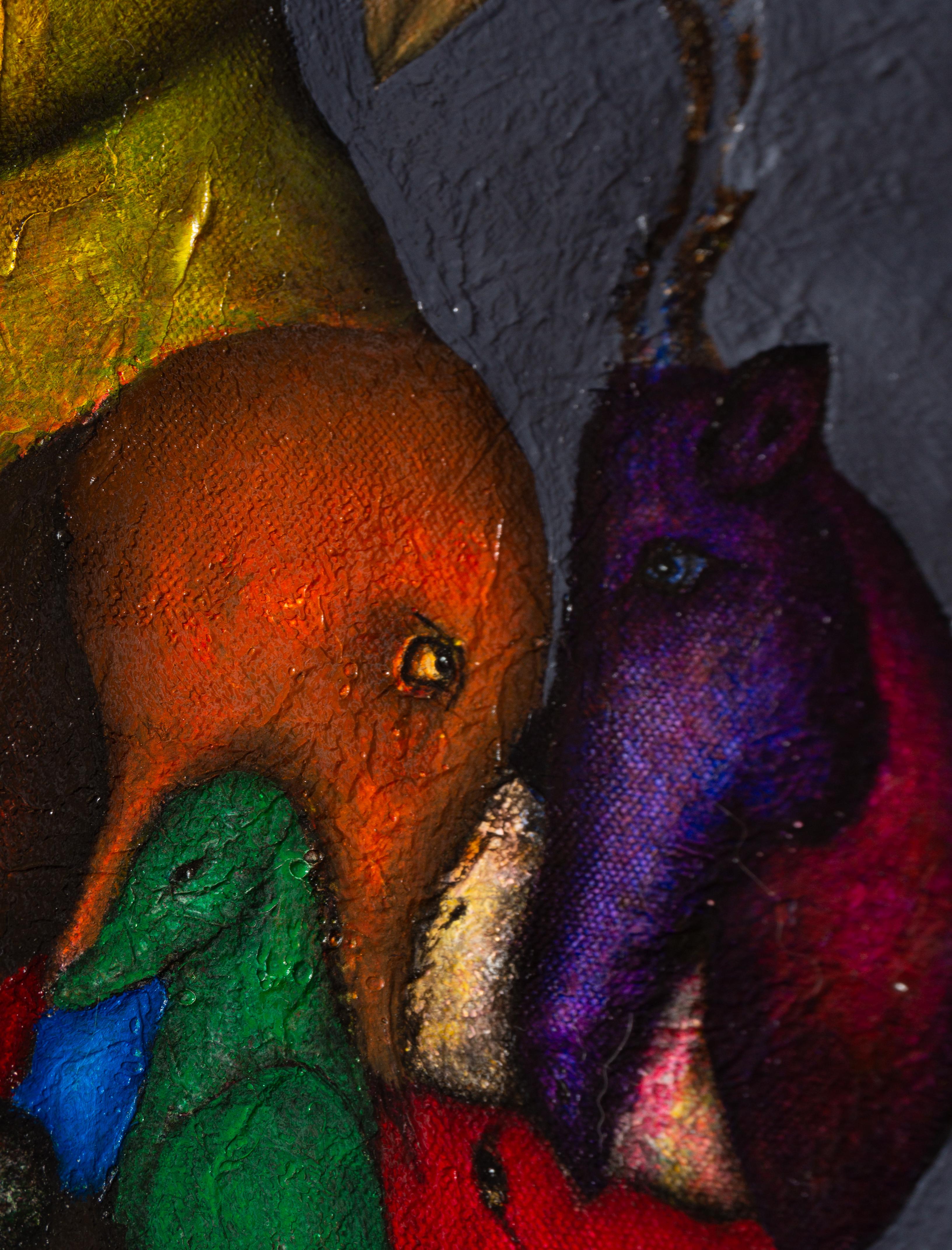 Peinture à l'huile sur toile et textures représentant des animaux et des personnages fantastiques. 