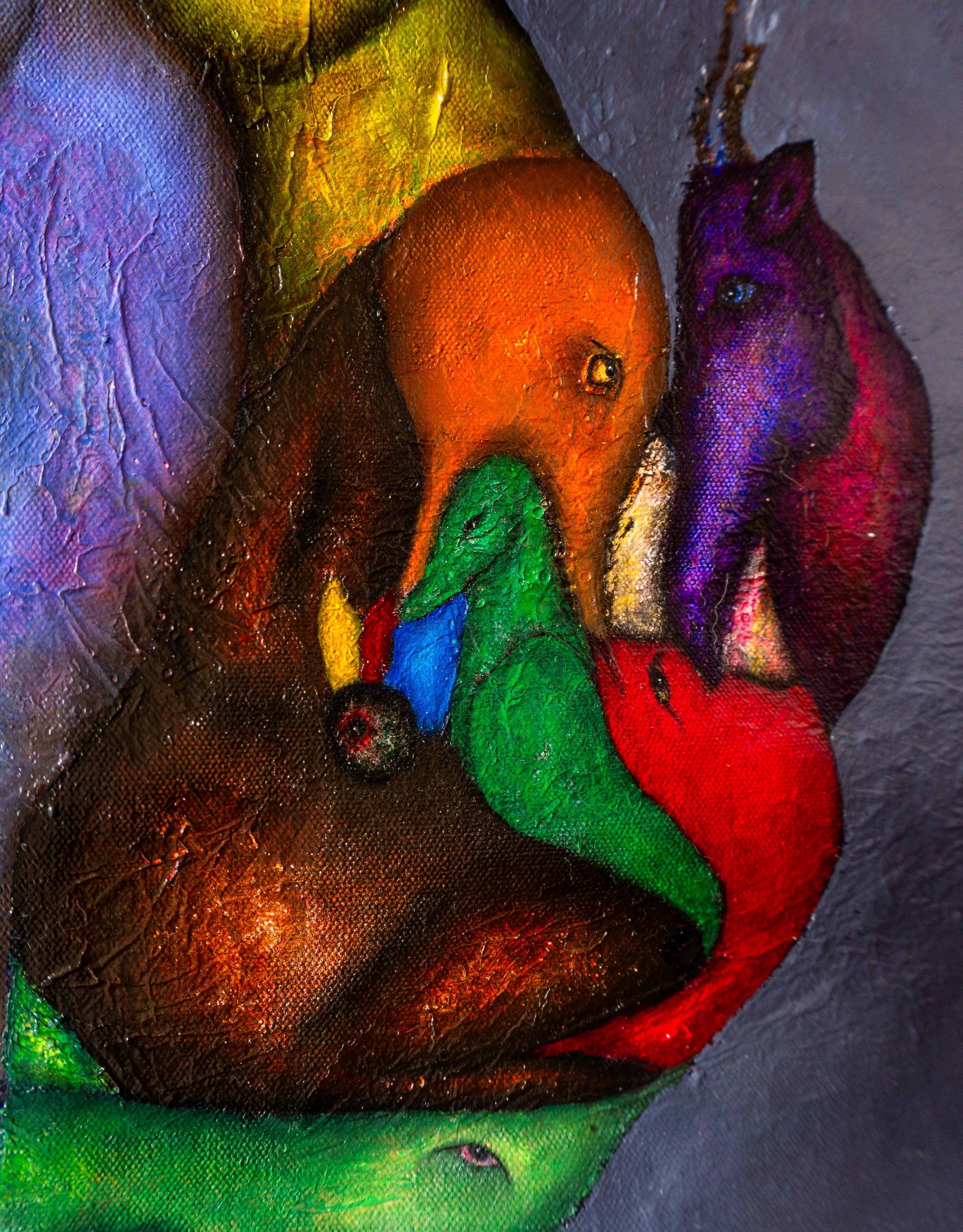 Peinture à l'huile sur toile en techniques mixtes, représentant une figure humaine entrelacée avec diverses formes animales. Des couleurs vibrantes et des formes abstraites avec une figure humaine fantastique. Il représente le lien entre l'homme et
