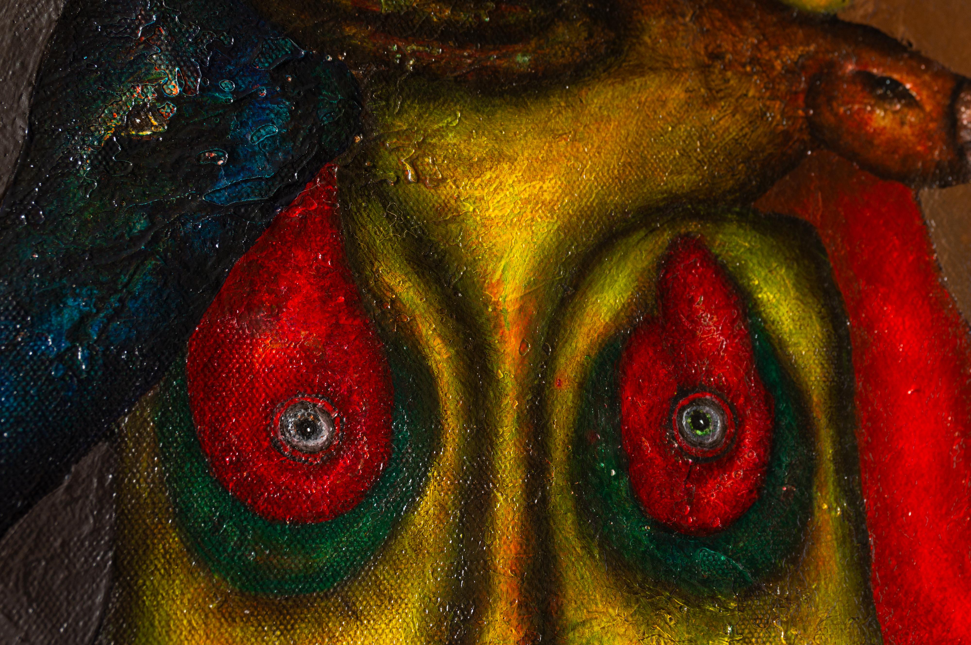 Peinture à l'huile sur toile et textures représentant des animaux et des personnages fantastiques. 