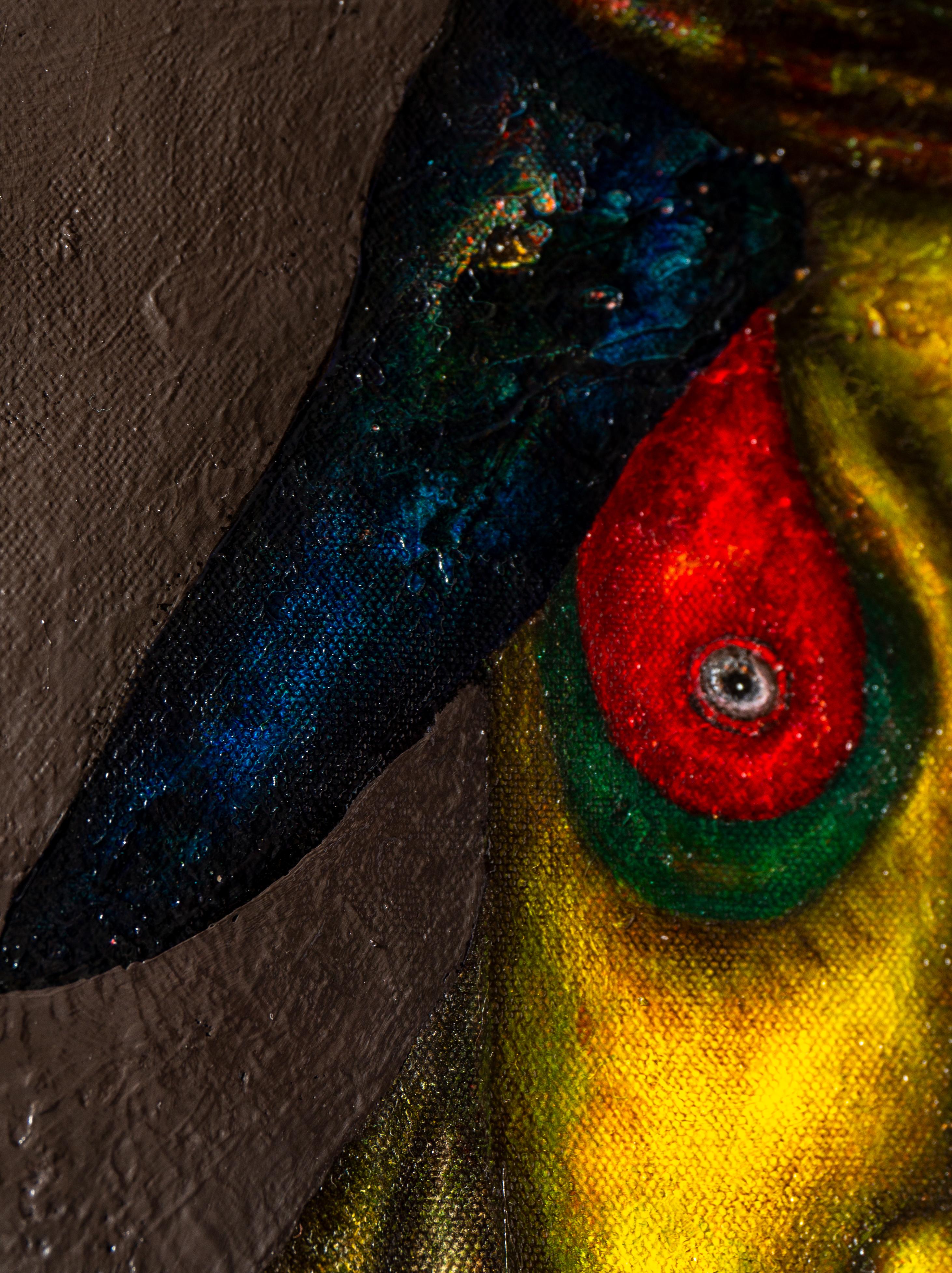 Peinture à l'huile sur toile et textures représentant des animaux et des personnages fantastiques. 