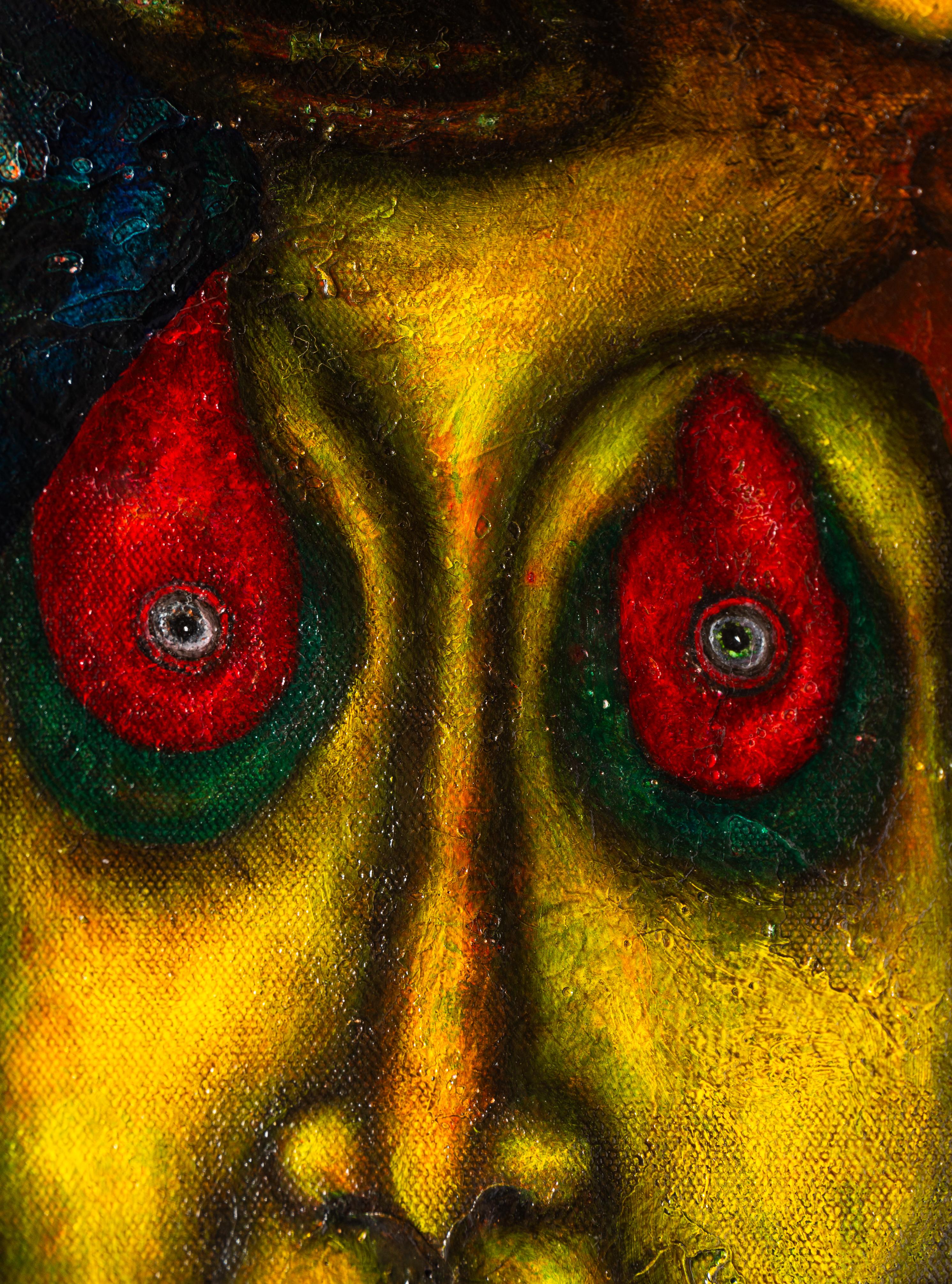 Peinture à l'huile sur toile et textures représentant des animaux et des personnages fantastiques. 