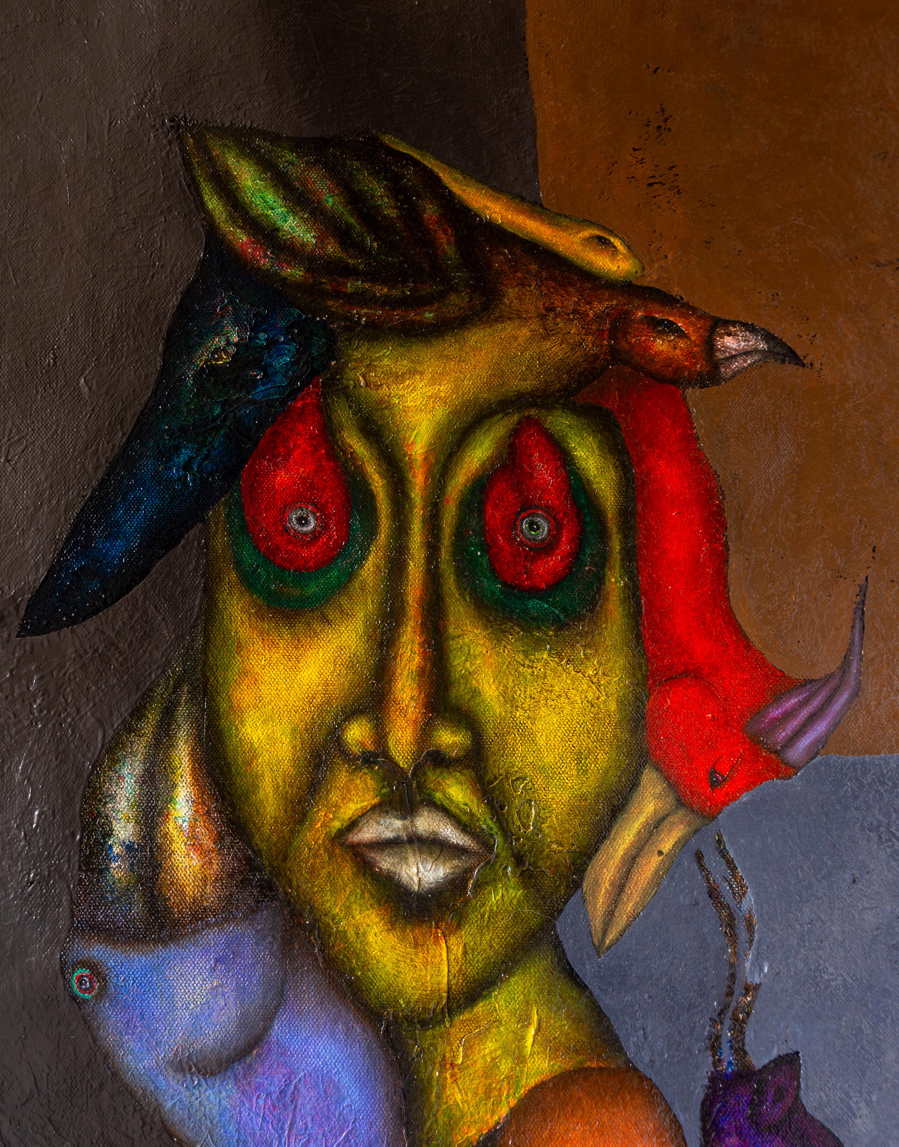 Peinture à l'huile sur toile et textures représentant des animaux et des personnages fantastiques. 