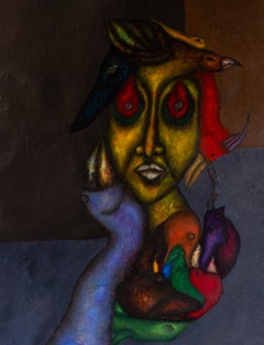 Peinture à l'huile sur toile et textures représentant des animaux et des personnages fantastiques. "Au revoir"
