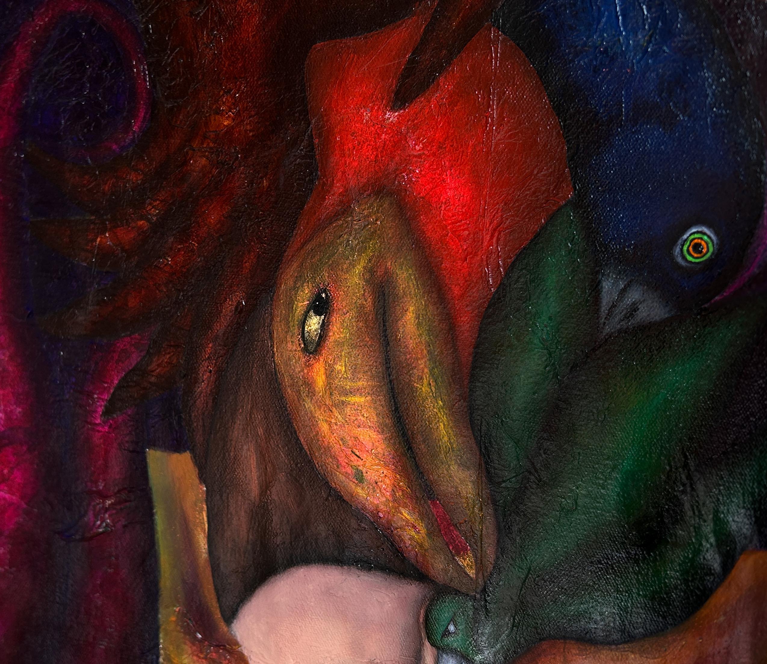 Pittura figurativa costruttiva a olio su tela in tecnica mista con toni blu e viola. Fa parte di una serie in cui esploro le relazioni tra animali ed esseri umani. Rappresenta figure di uomini e animali che prendono vita in una scena notturna. Al