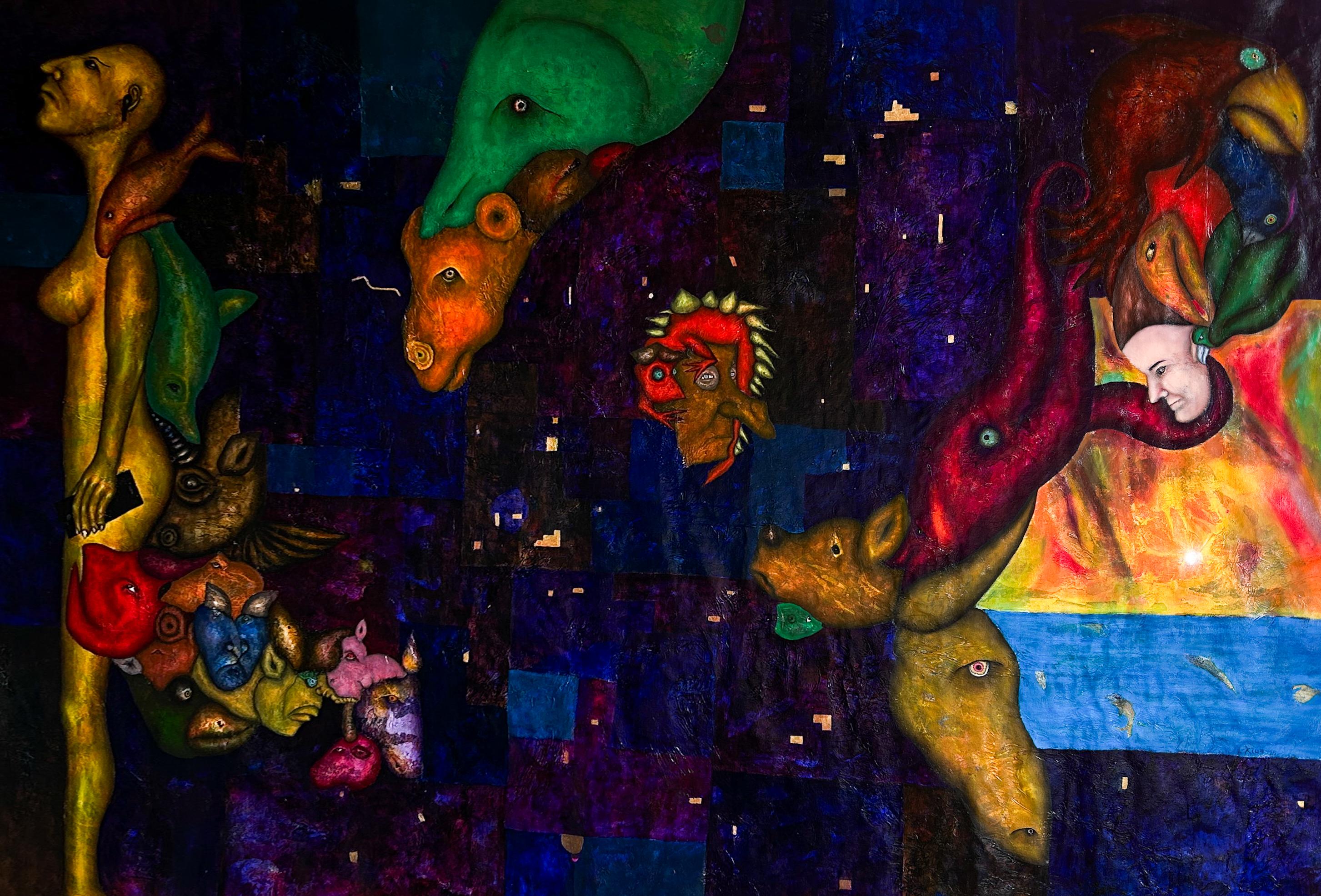 Pittura a olio su tela, tecnica mista, arte contemporanea. "Sogno blu"