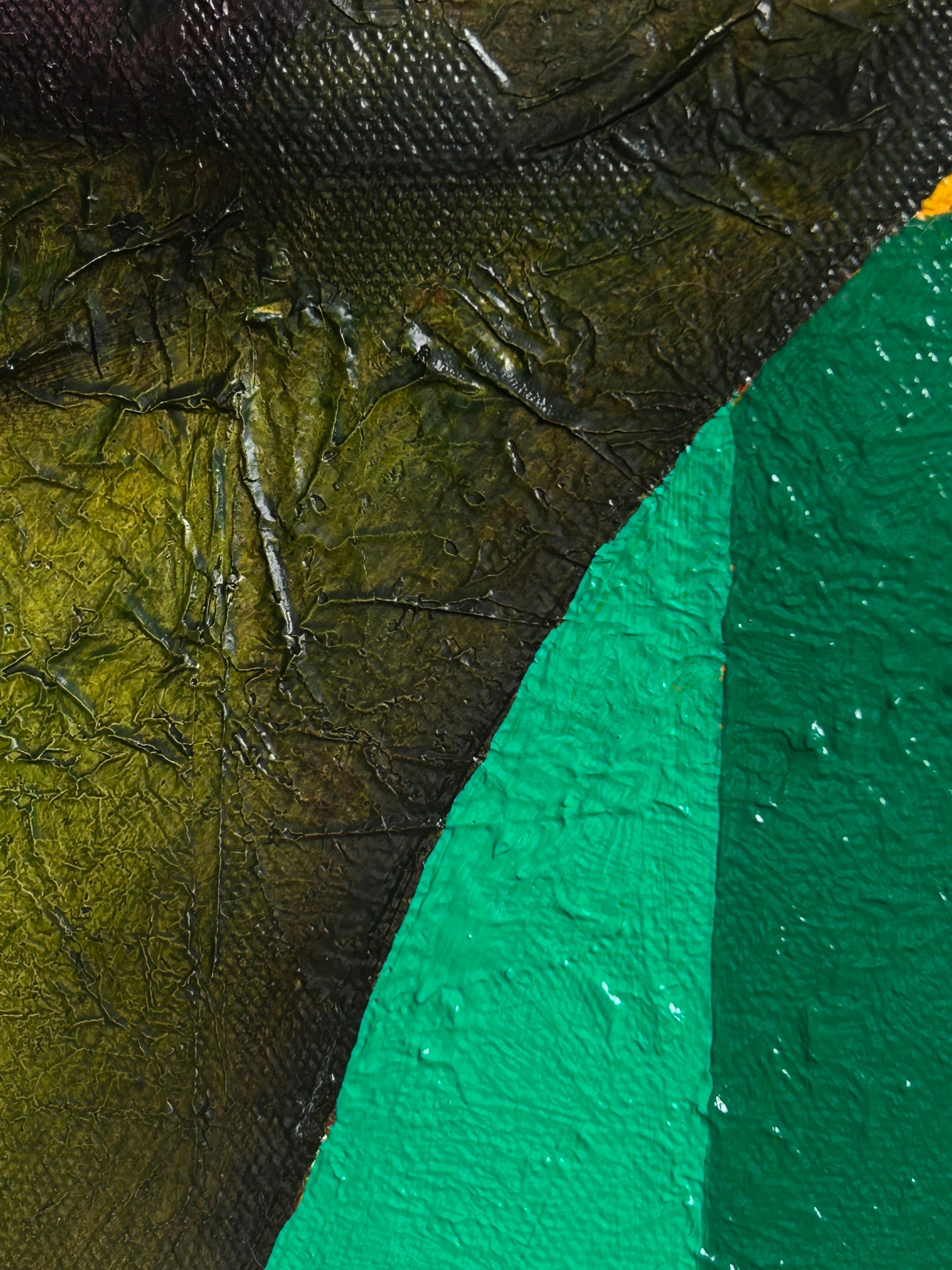 Ölgemälde auf Leinwand. Porträt in Grün mit Wesen des Lichts. 