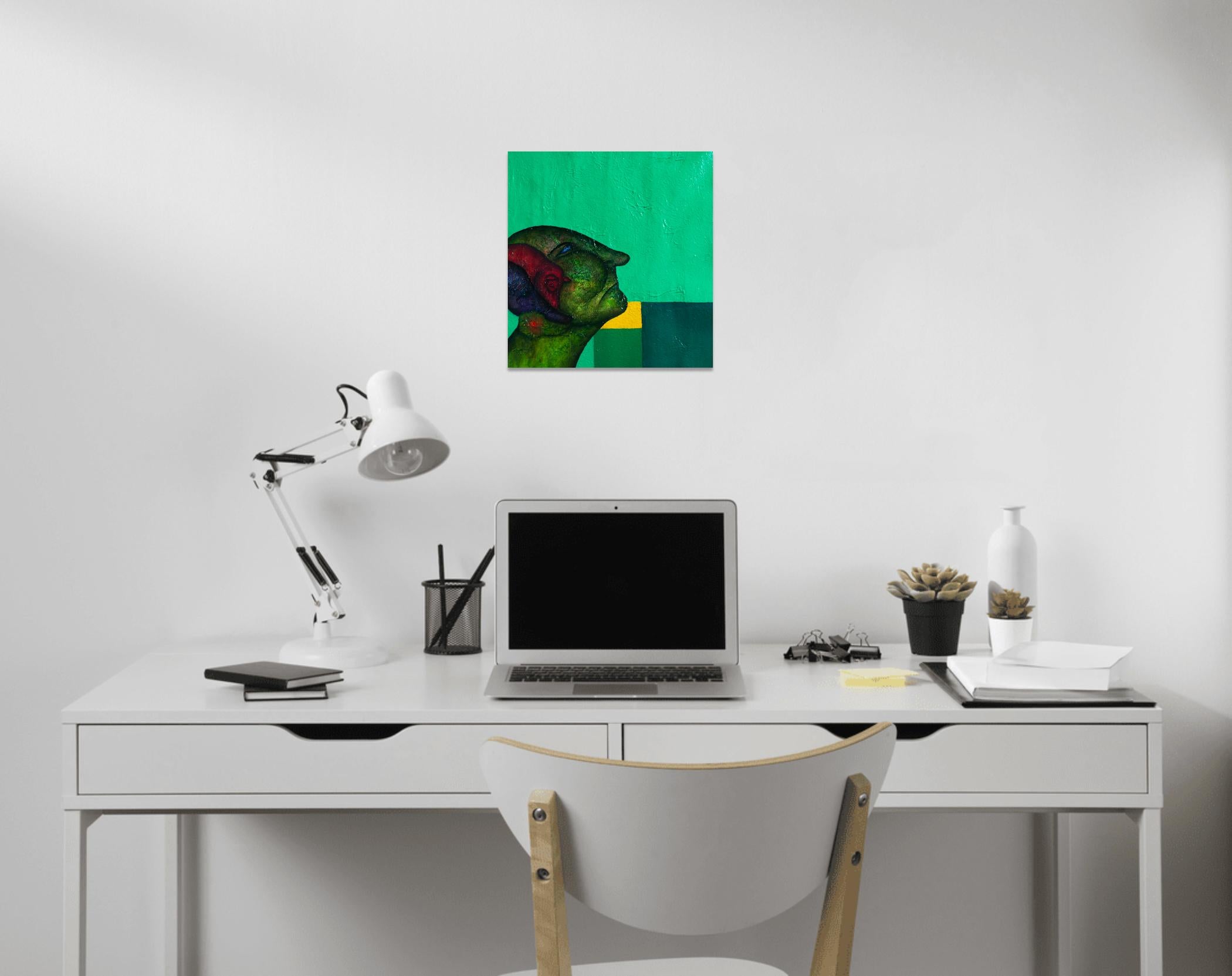 Pittura a olio su tela. Ritratto in verde con esseri di luce. 