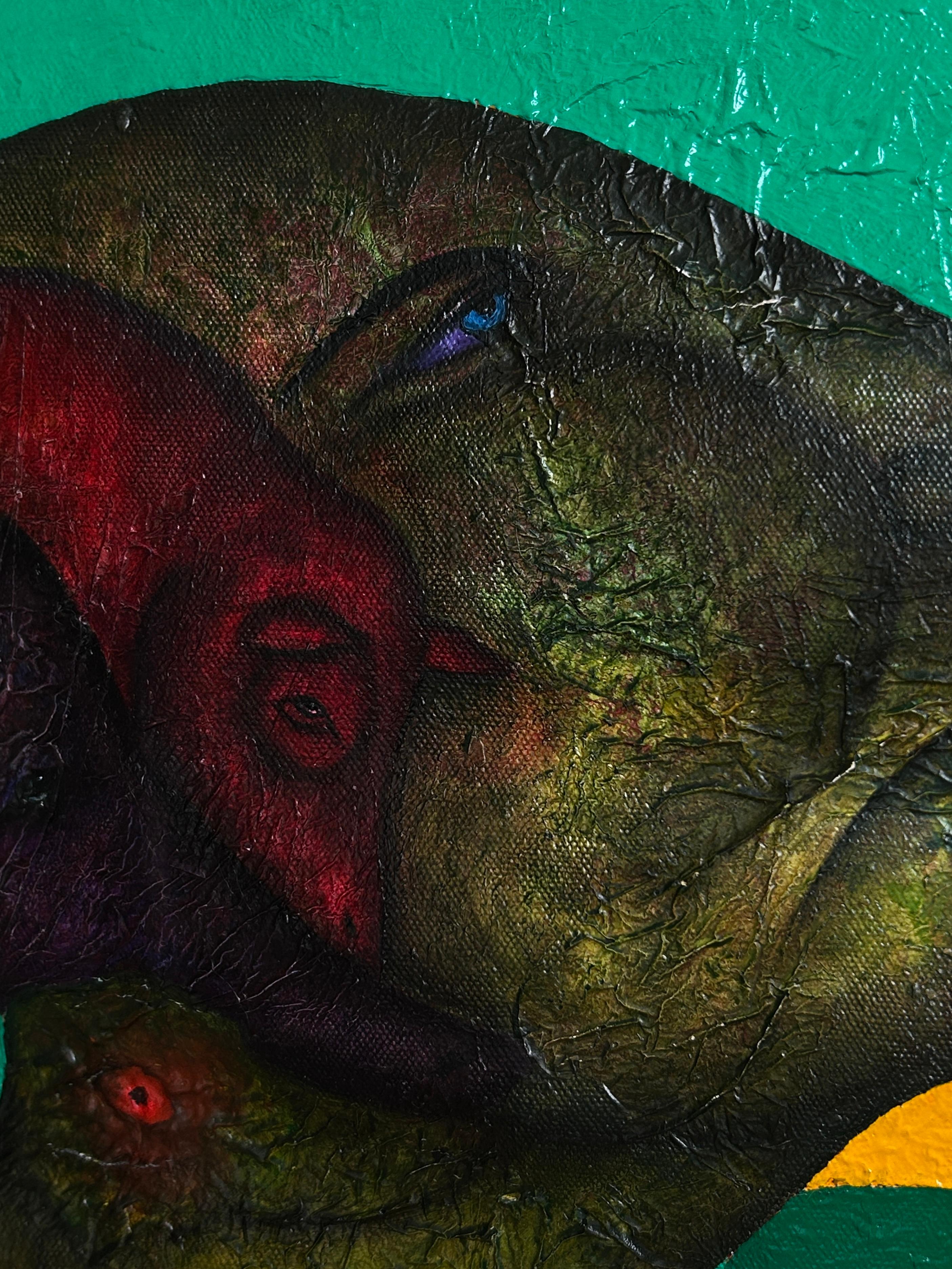 Ölgemälde auf Leinwand. Porträt in Grün mit Wesen des Lichts. 