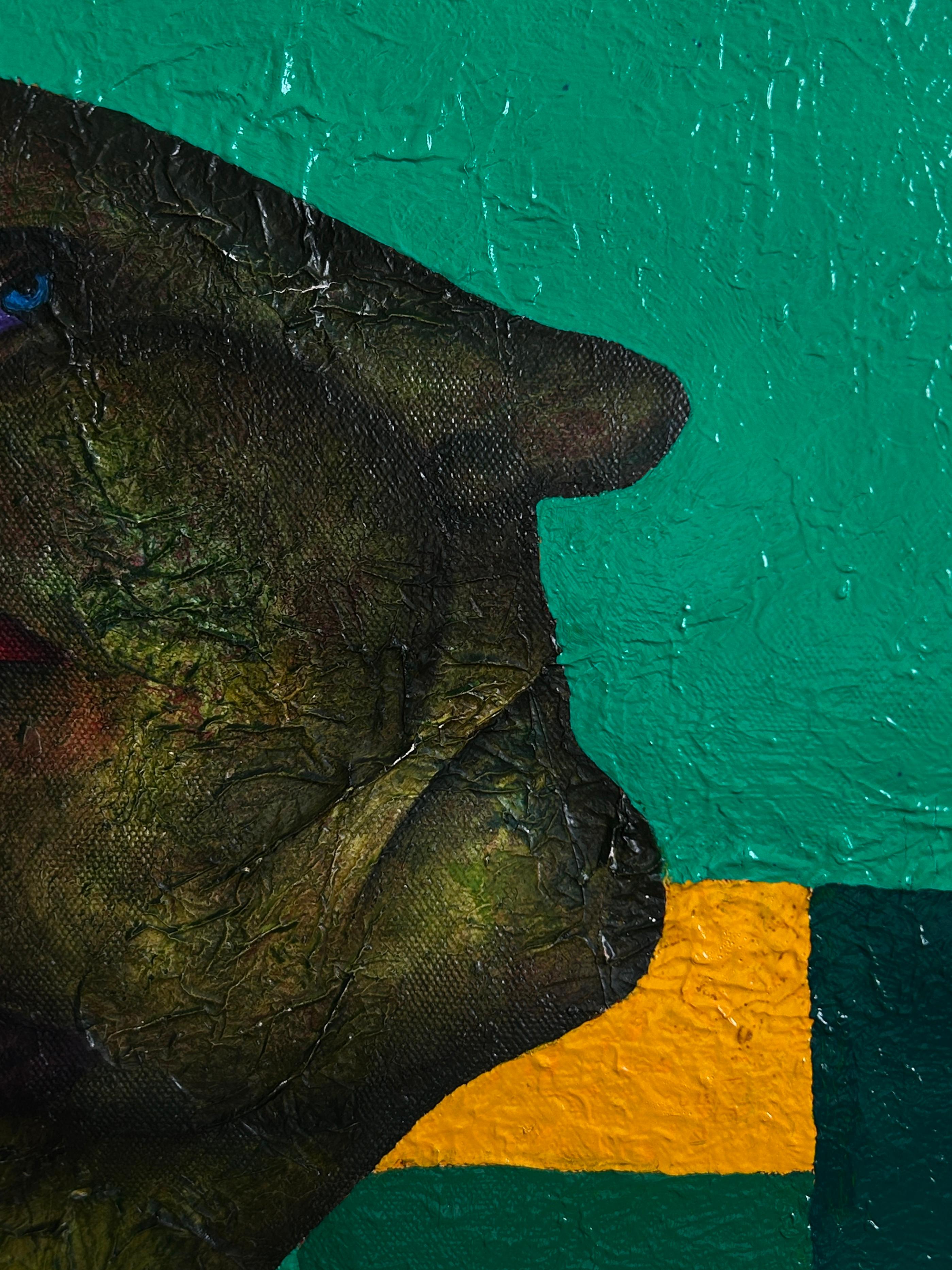 Ölgemälde auf Leinwand in Smaragdgrün, quadratisches Format. Eine menschliche Silhouette mit grünen Texturen und zwei fantastischen Tieren. Ein Werk, das figurative und abstrakte Elemente kombiniert. Dieses Gemälde ist Teil meiner ständigen Suche,