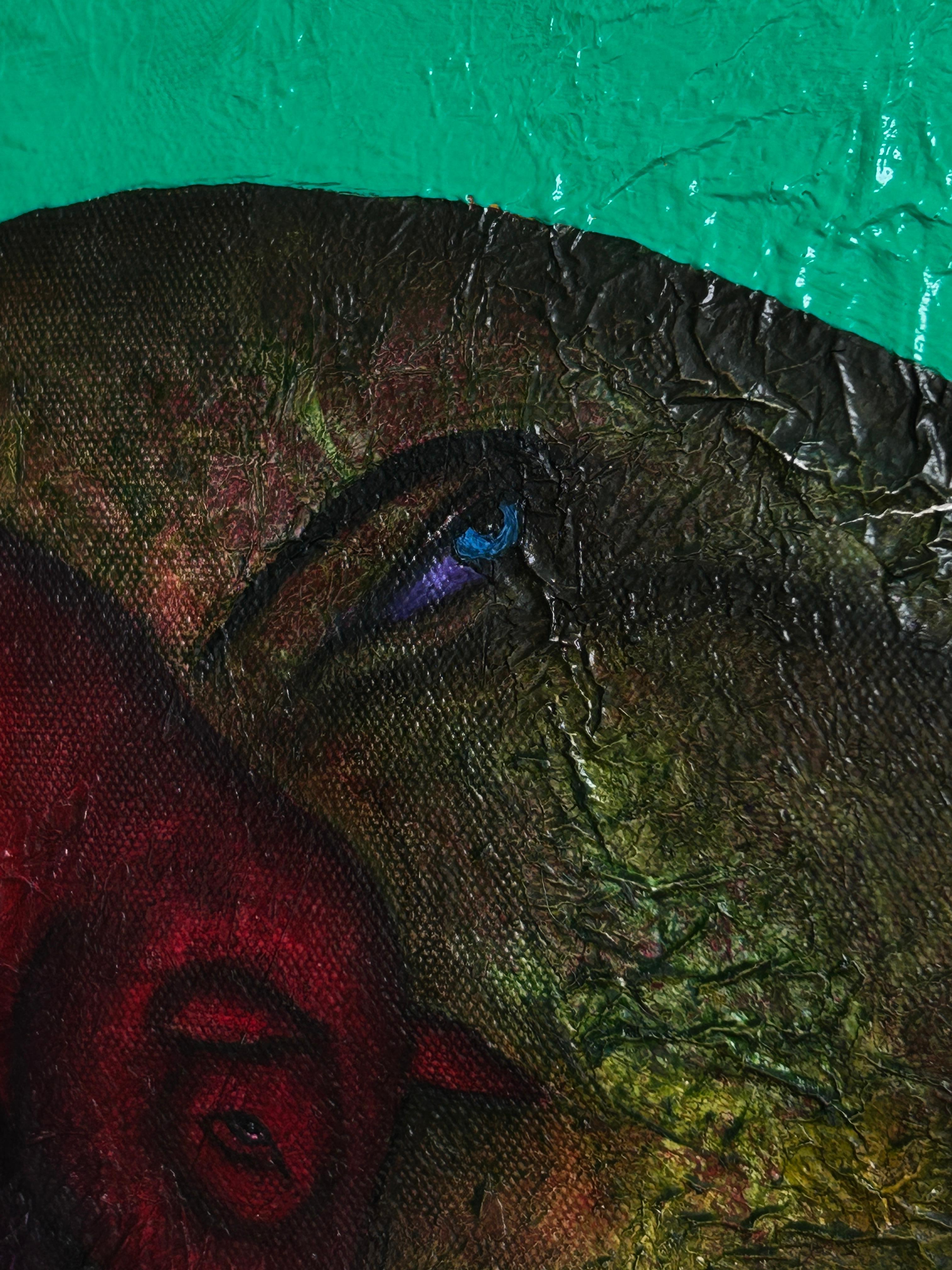 Ölgemälde auf Leinwand. Porträt in Grün mit Wesen des Lichts. 