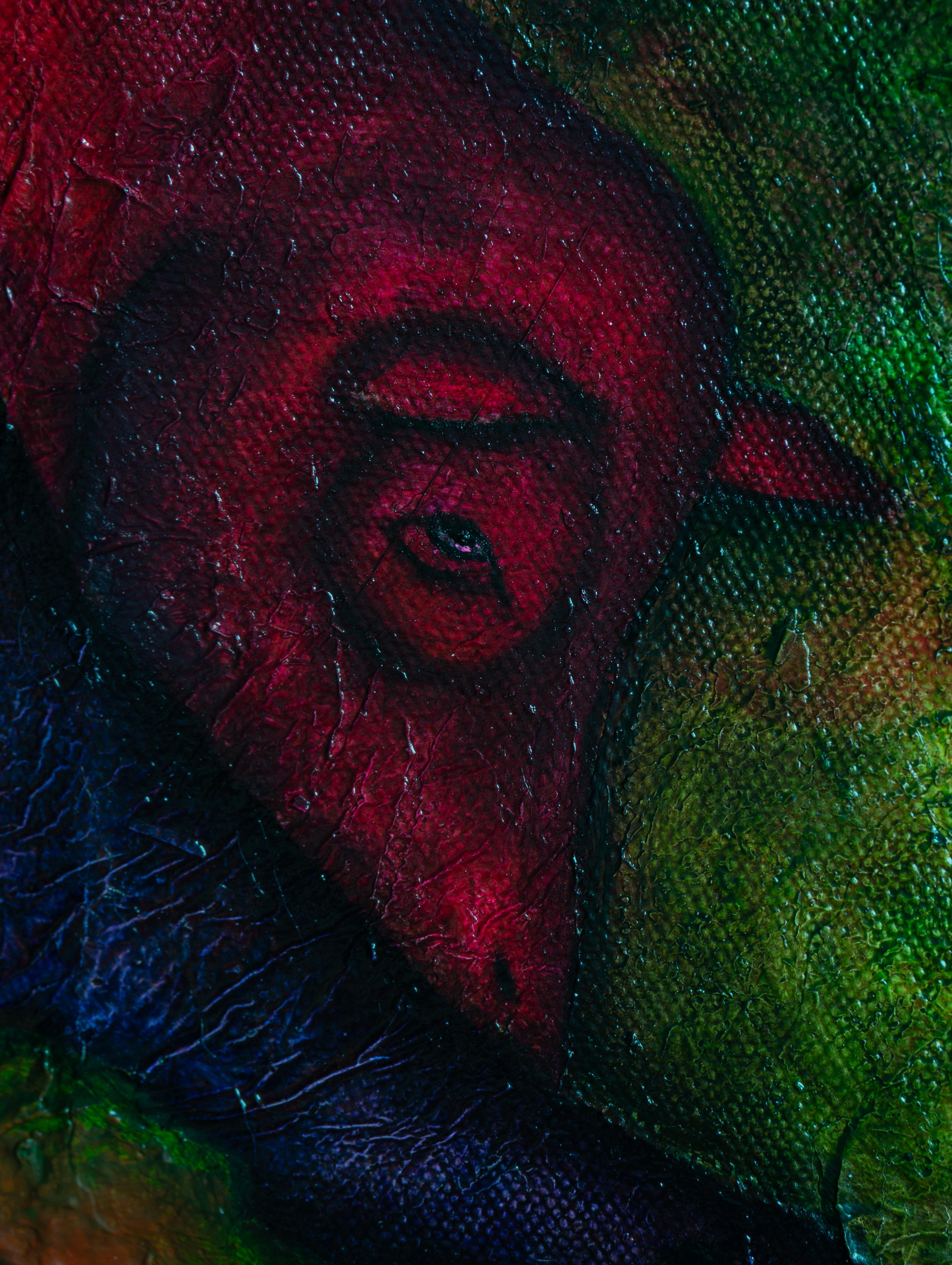 Pittura a olio su tela. Ritratto in verde con esseri di luce. 