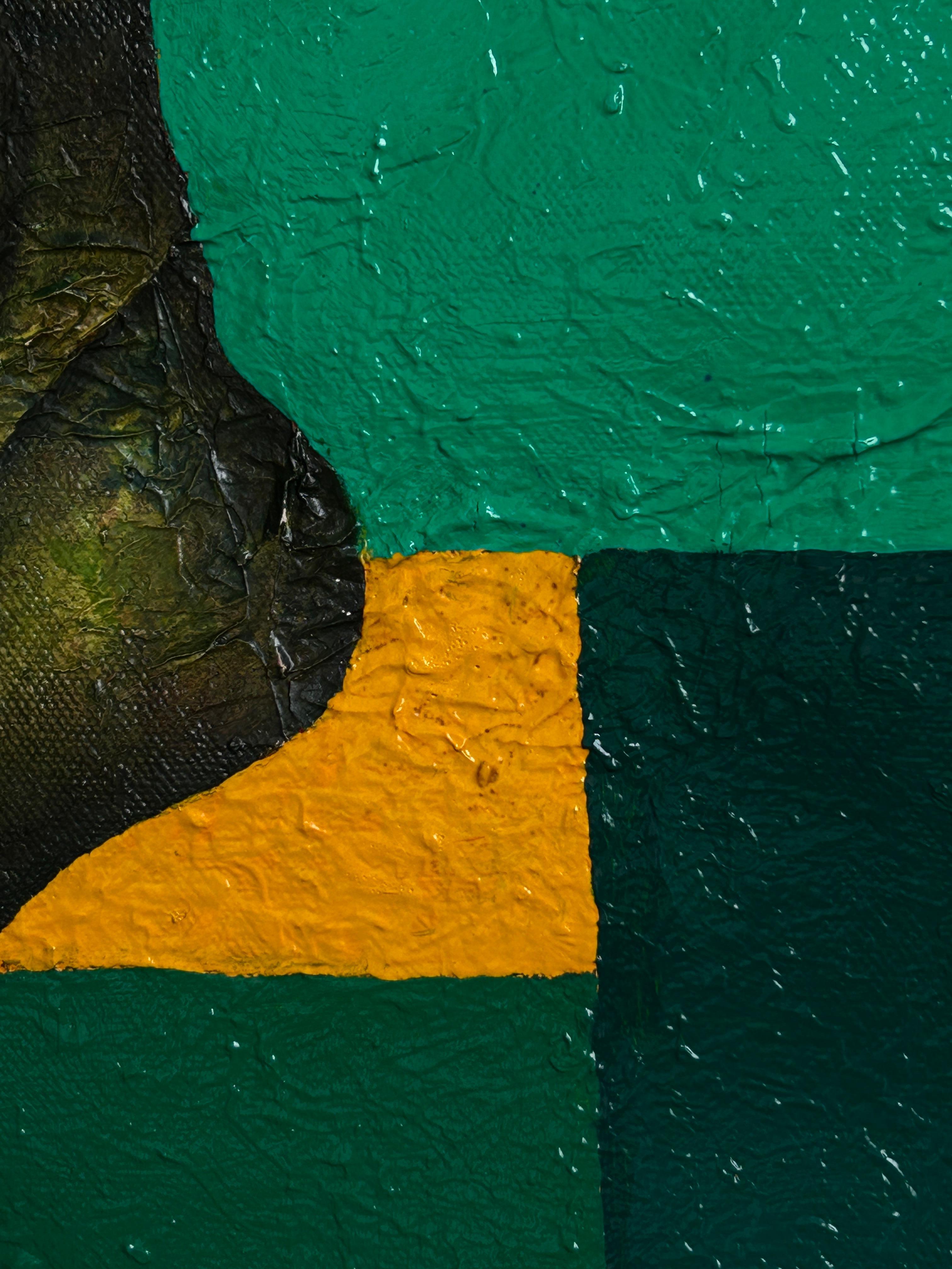 Ölgemälde auf Leinwand. Porträt in Grün mit Wesen des Lichts. 