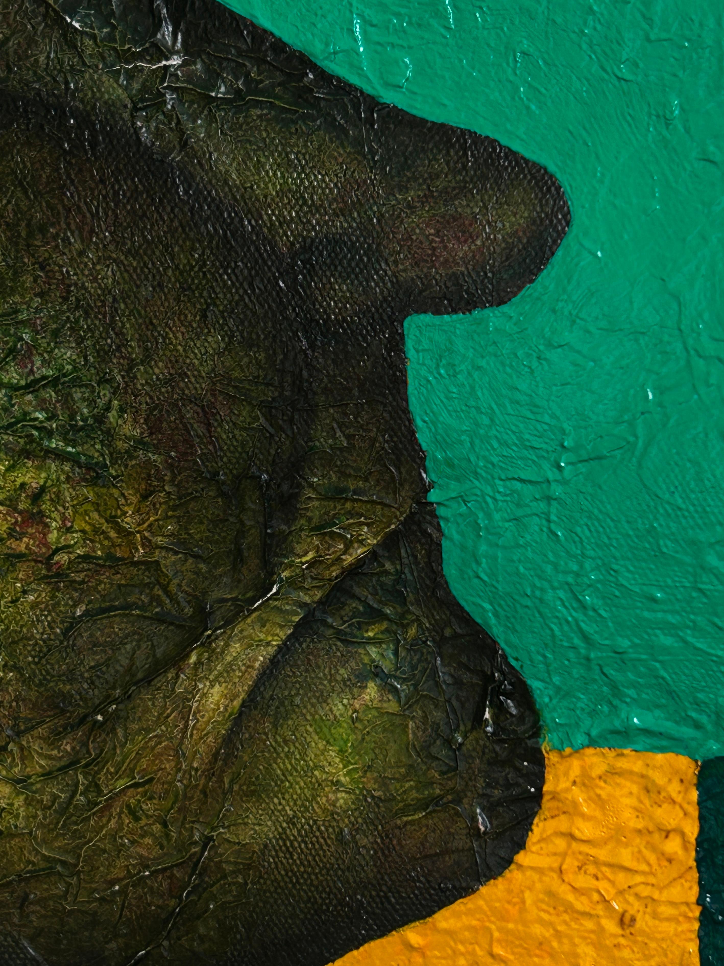 Ölgemälde auf Leinwand. Porträt in Grün mit Wesen des Lichts. 