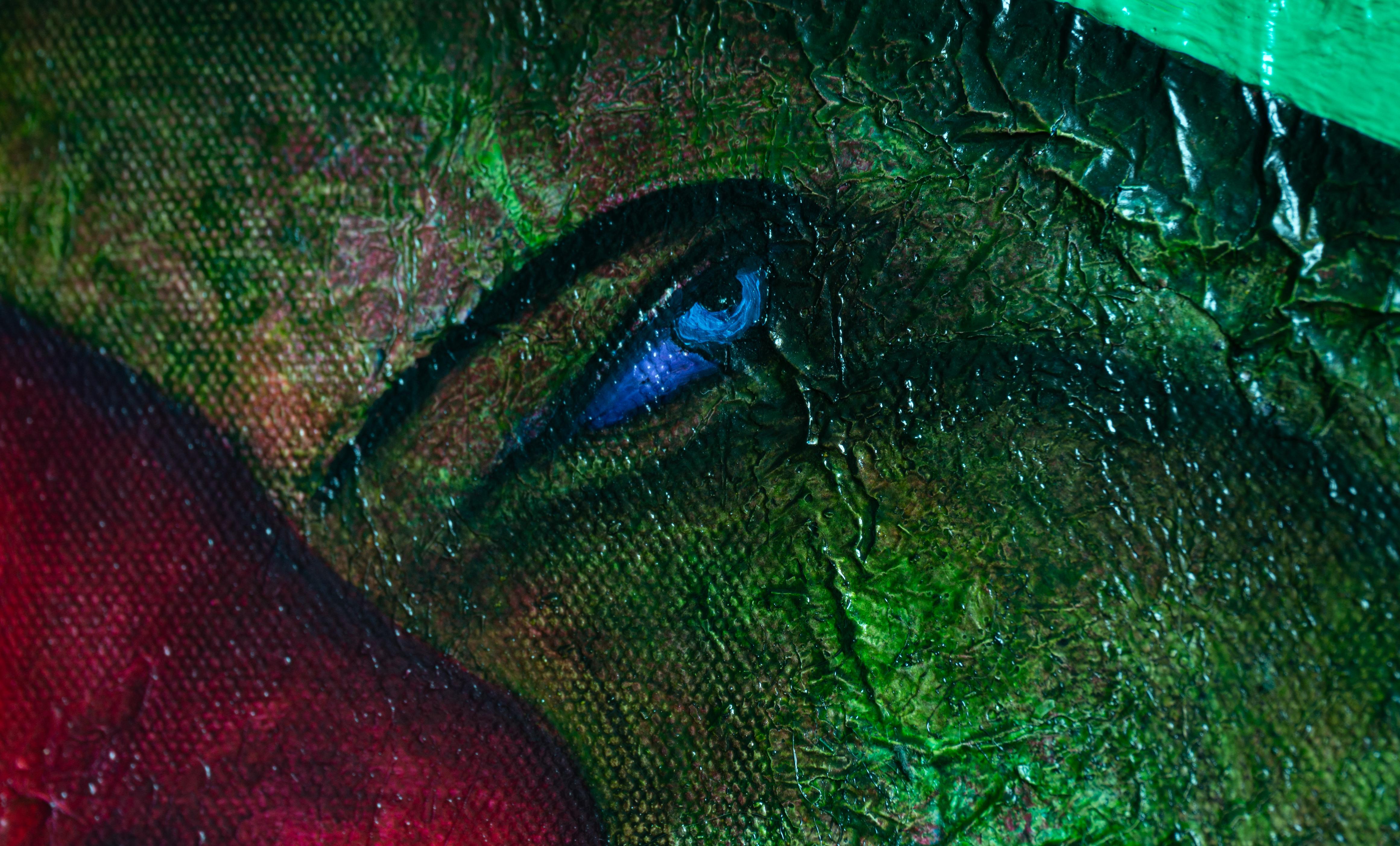 Pittura a olio su tela. Ritratto in verde con esseri di luce. 