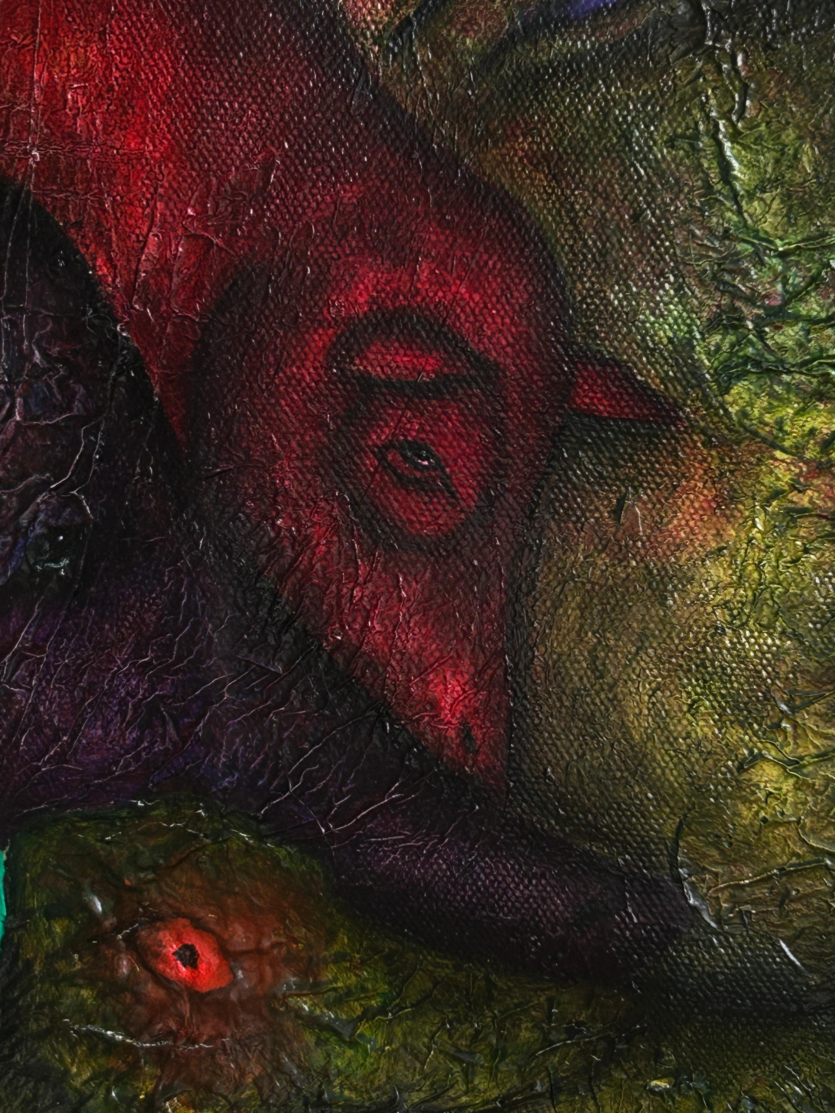 Ölgemälde auf Leinwand. Porträt in Grün mit Wesen des Lichts. 