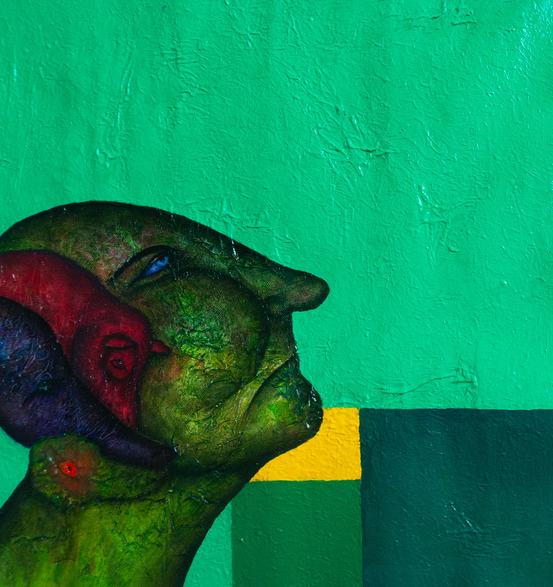 Figurative Painting di Luis Alexander Rodríguez (Ie-Xiua) - Pittura a olio su tela. Ritratto in verde con esseri di luce. "Lode"