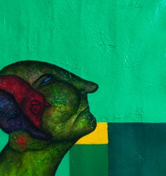 Pittura a olio su tela. Ritratto in verde con esseri di luce. "Lode"