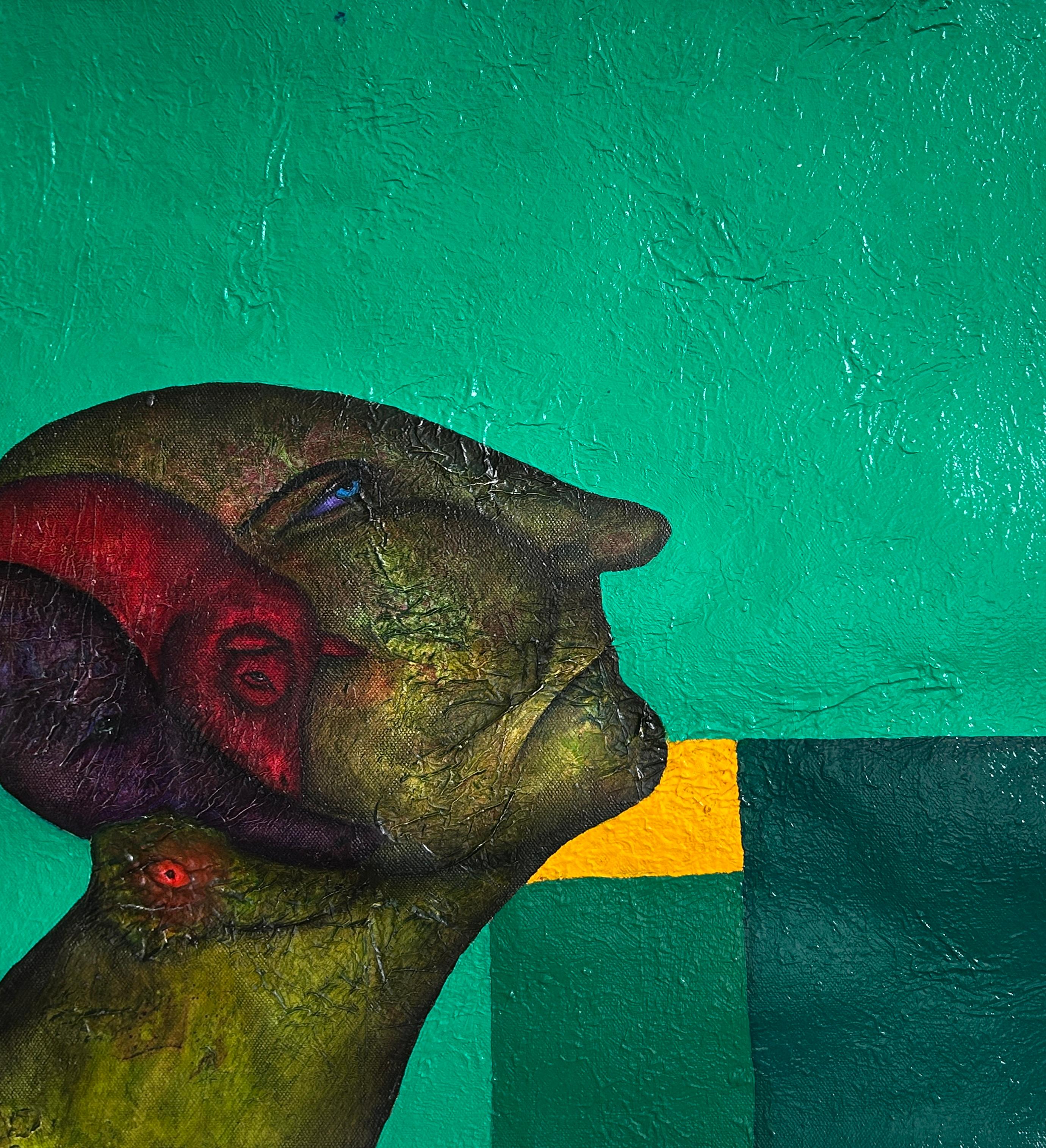 Luis Alexander Rodríguez (Ie-Xiua) Portrait Painting – Ölgemälde auf Leinwand. Porträt in Grün mit Wesen des Lichts. "Loben"