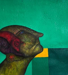 Oil Painting On Canvas. Portrait in Green with Beings of Light. "Praise"