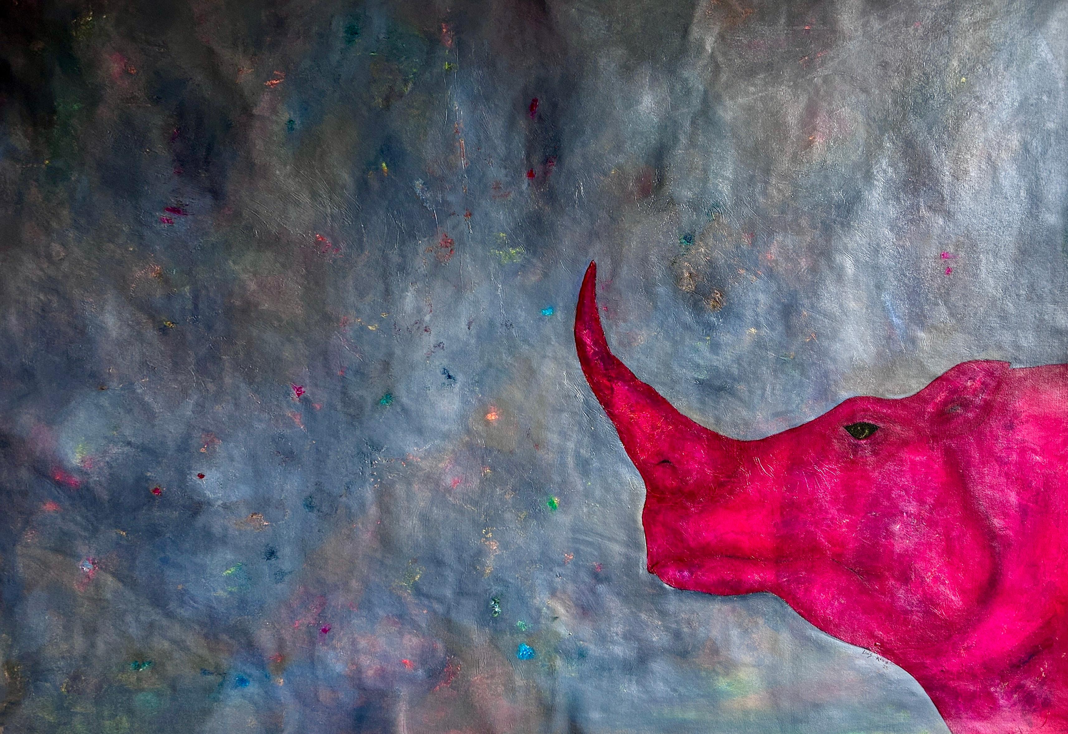 Luis Alexander Rodríguez (Ie-Xiua) Figurative Painting - Animal Oil Painting on Canvas. "Rhinoceros in Pink"