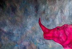 Pittura a olio su tela. "Rinoceronte in rosa