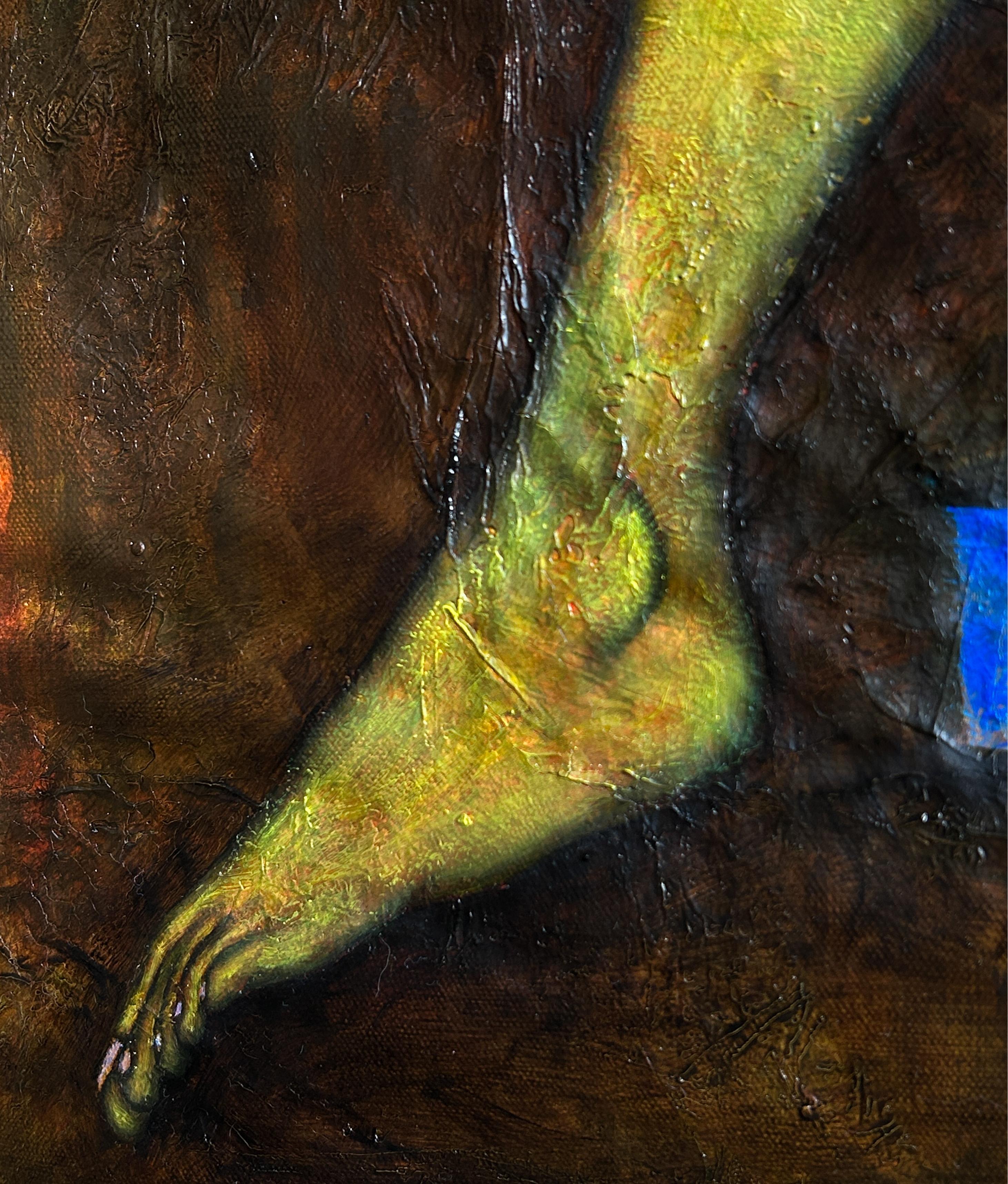 Pittura a olio moderna con nudo ed esseri fantastici 