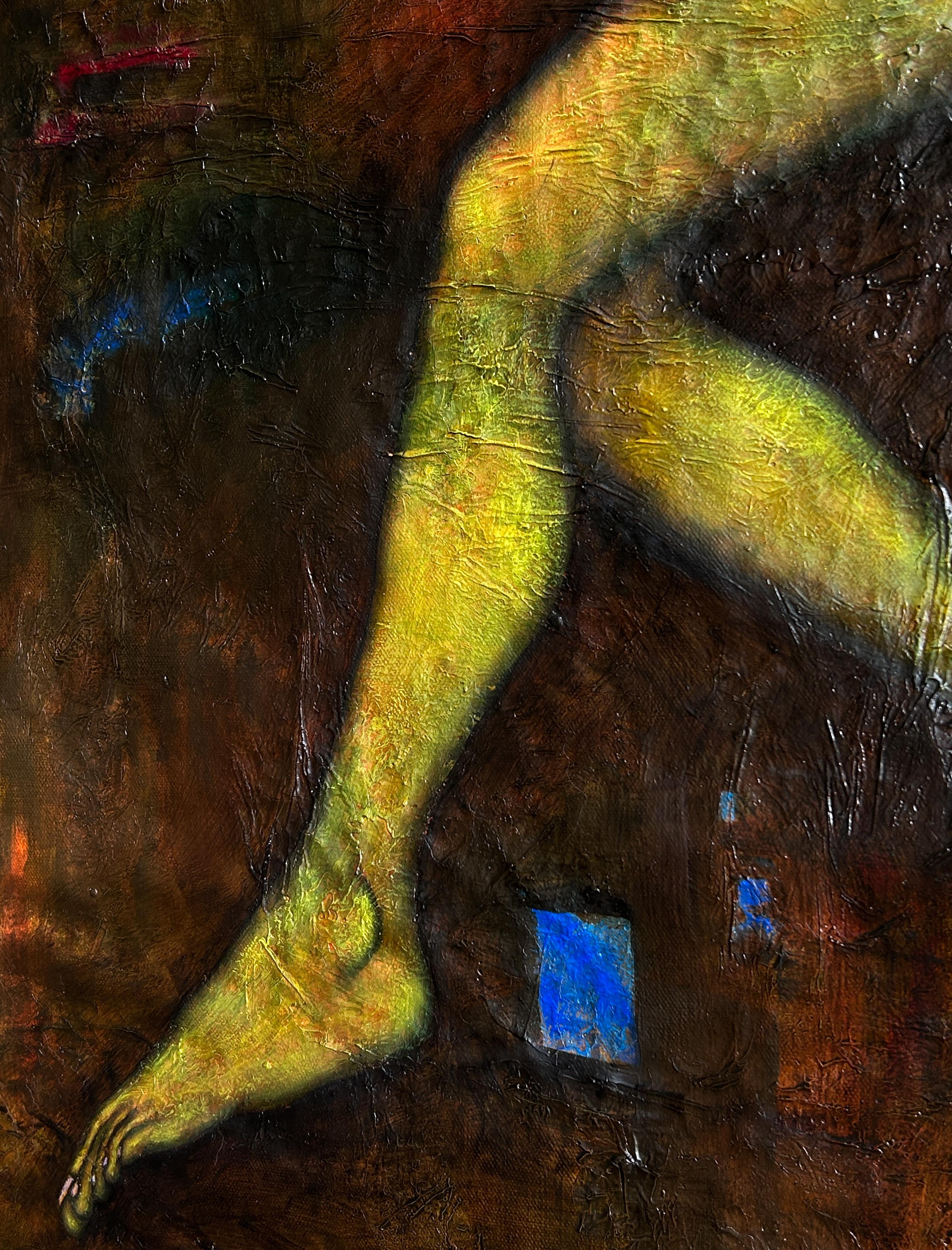Pittura a olio moderna con nudo ed esseri fantastici 