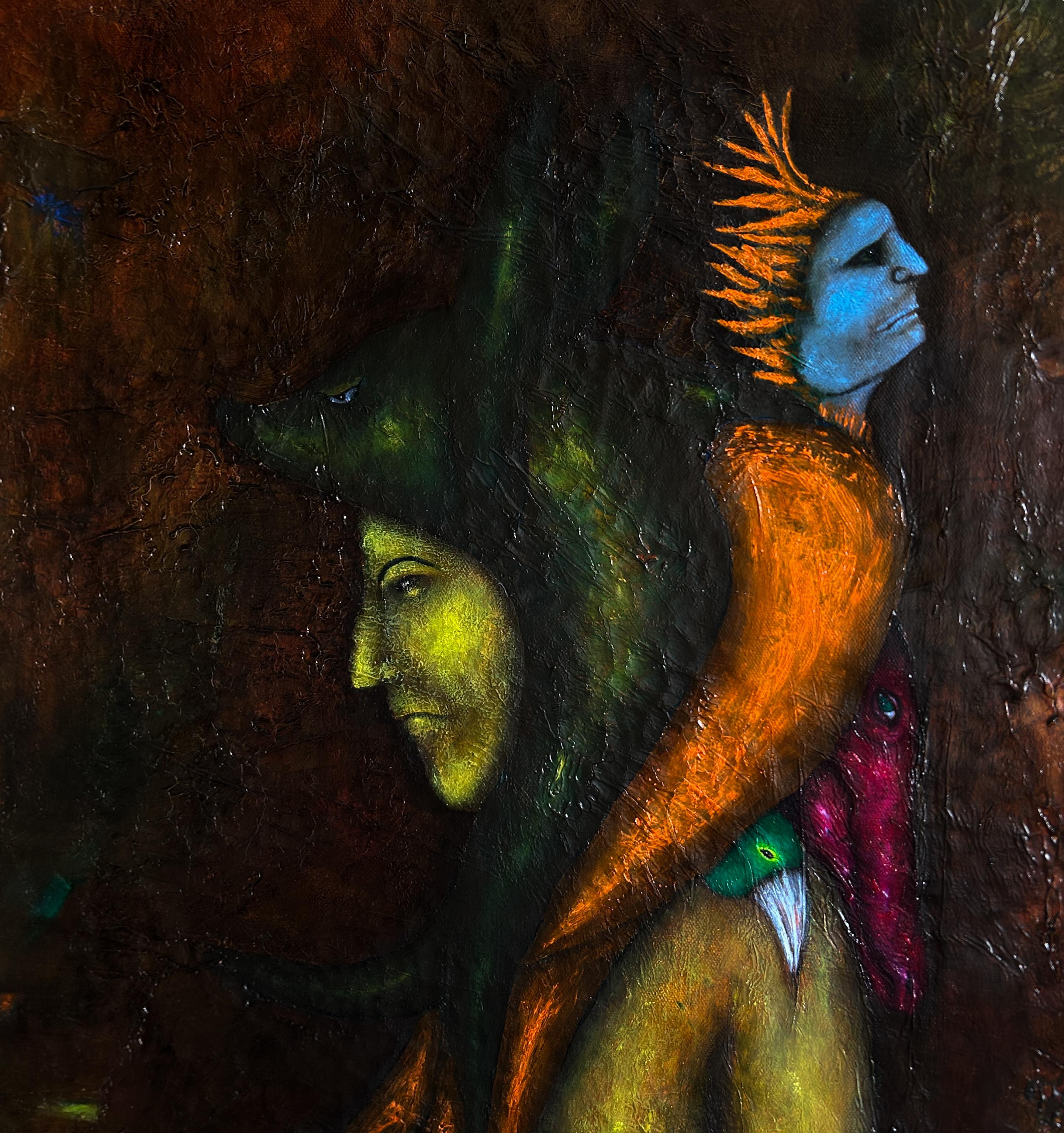 Pittura a olio moderna con nudo ed esseri fantastici 