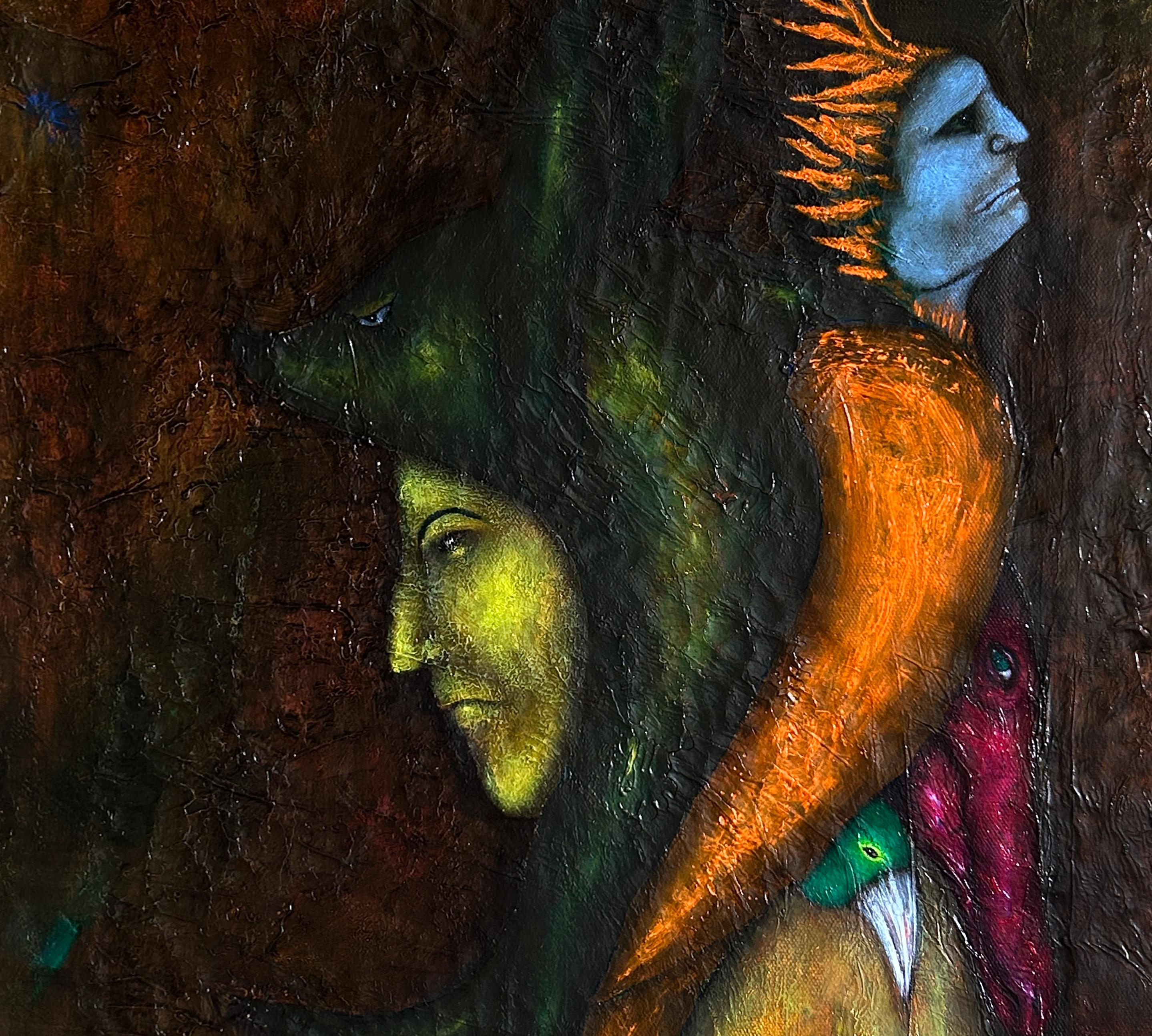 Pittura a olio moderna con nudo ed esseri fantastici 