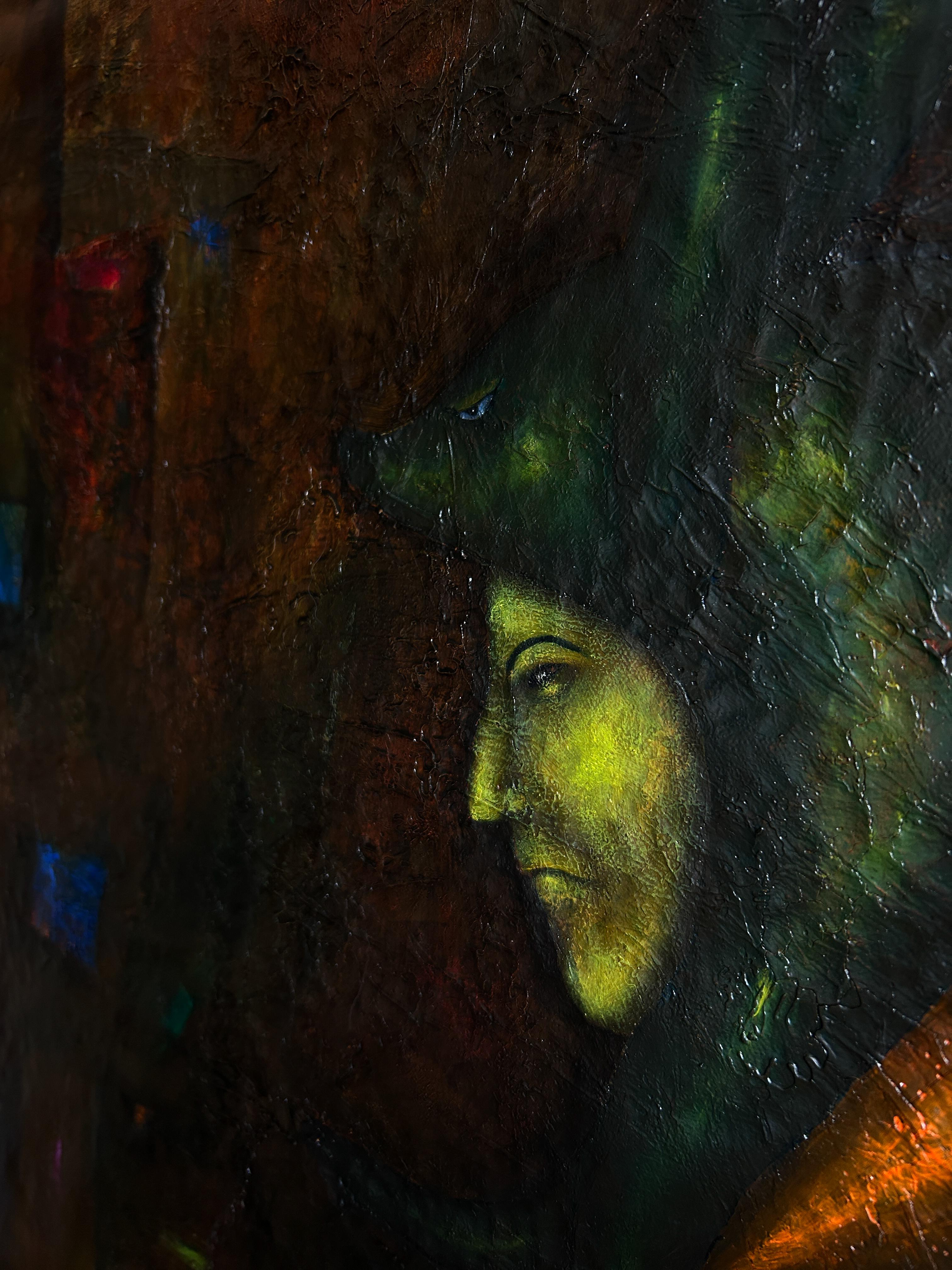 Pittura a olio contemporanea su tela di una persona in stato meditativo con un aspetto fantastico nei toni del giallo, su uno sfondo di tonalità della terra, con alcuni colori intorno a lui. An He è accompagnato nel suo viaggio da animali ed esseri