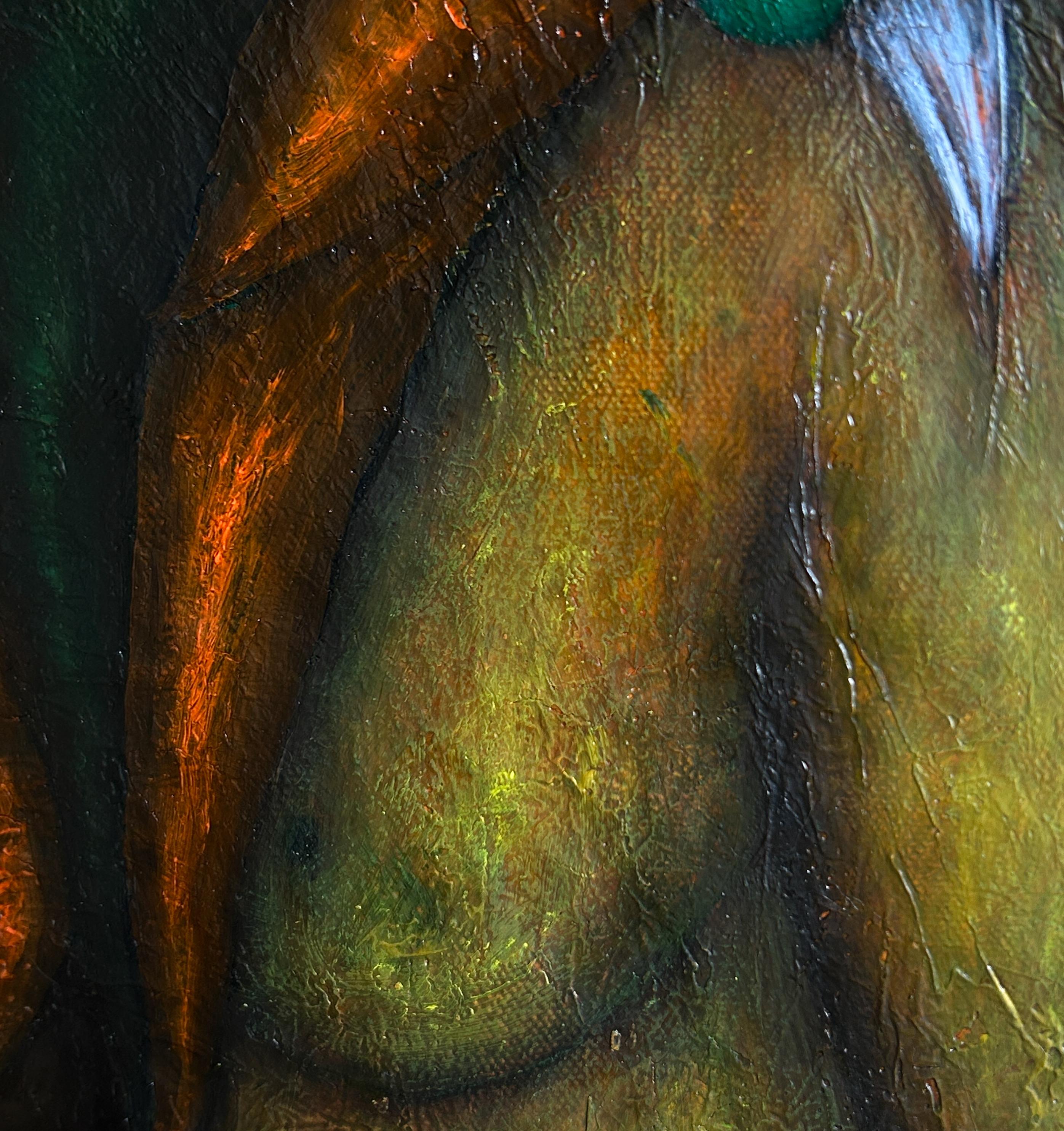 Pittura a olio moderna con nudo ed esseri fantastici 