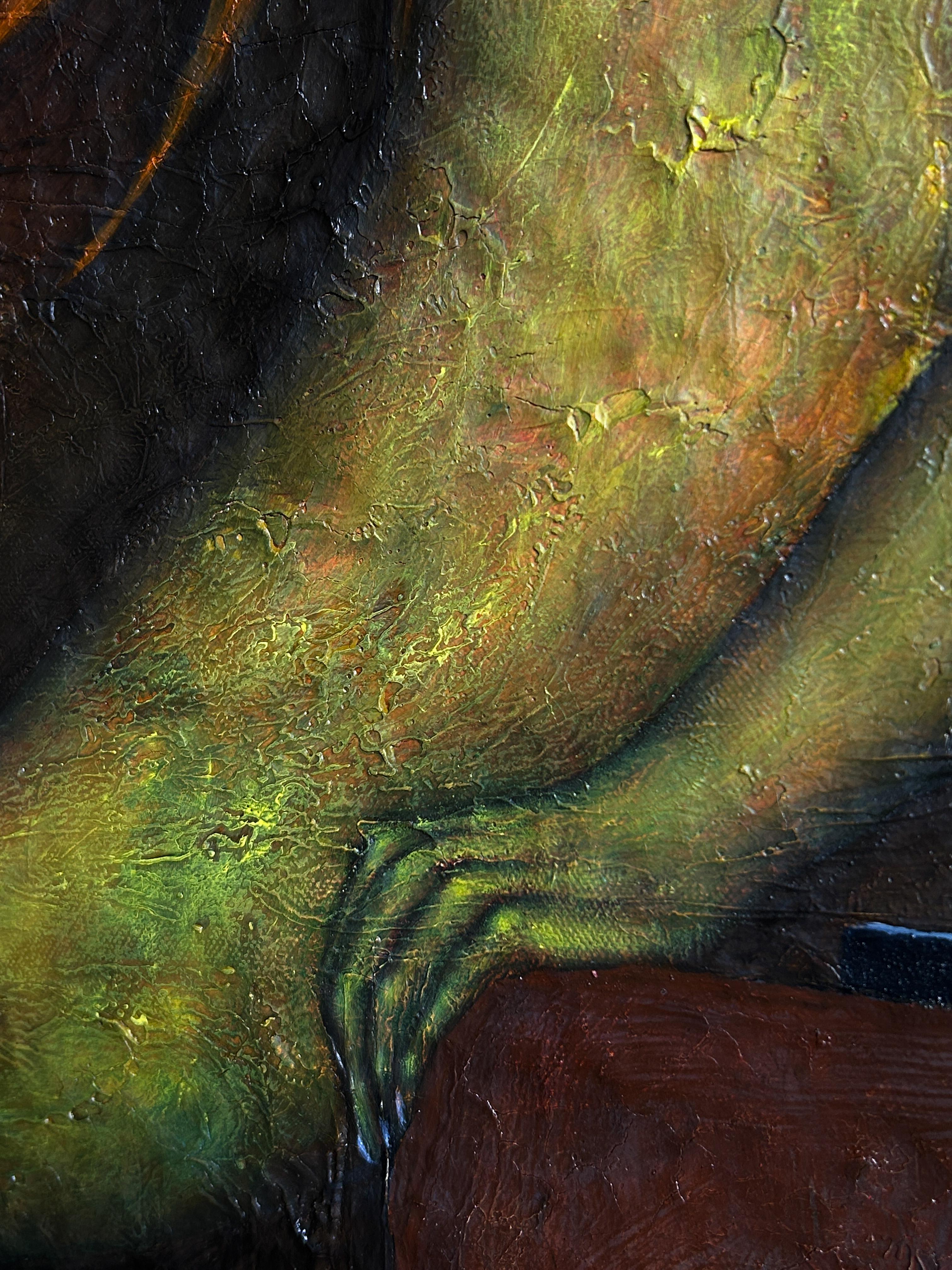 Pittura a olio moderna con nudo ed esseri fantastici 