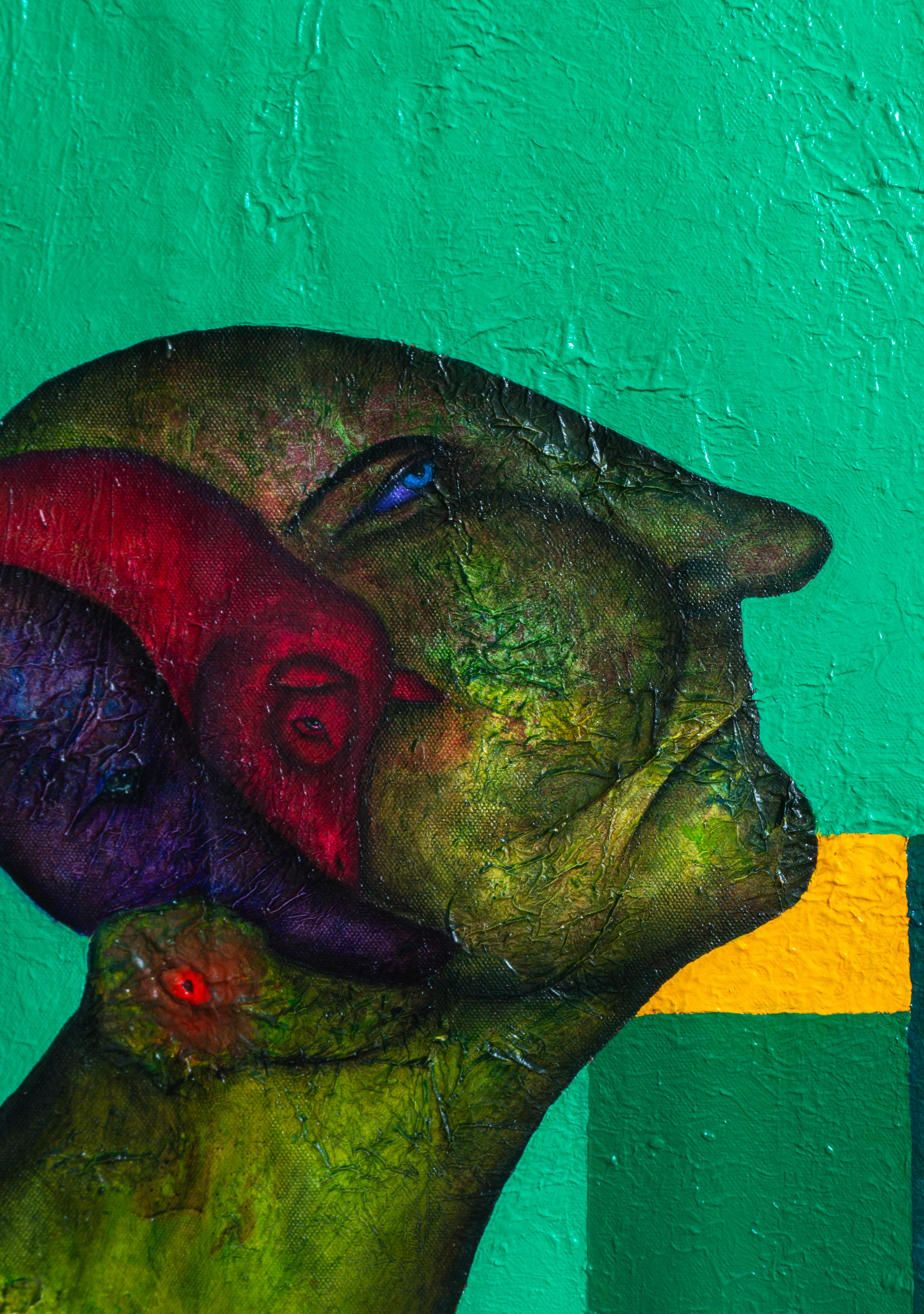 Porträt in Grün mit Lichtwesen in Grün – Painting von Luis Alexander Rodríguez (Ie-Xiua)